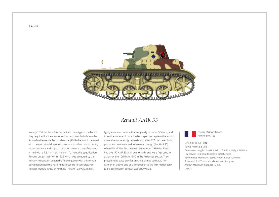 T A N K Renault AMR 33 In early 1931 the French Army defined three types of vehicles they required for their armoured forces, one of which was the Auto-Mitrailleuse de Reconnaissance (AMR) that would be used with the motorised dragoon formations as a fast cross-country reconnaissance and support vehicle, having a crew of two and armed with a 7.5 mm machine gun. To meet this specification Renault design their VM in 1932 which was accepted by the military. Production began the following year with the vehicle being designated the Auto-Mitrailleuse de Reconnaissance Renault Modèle 1933, or AMR 33. The AMR 33 was a small,    S P E C I F I C A T I O N : Vehicle Weight: 5.5 tons Dimensions: Length 11 ft 6 ins, Width 5 ft 3 ins, Height 5 ft 8 ins Powerplant: 1 x 84 hp Reinastella petrol engine Performance: Maximum speed 37 mph, Range 120 miles Armament: 2 x 7.5 mm Mitrailleuse machine guns Armour: Maximum thickness 13 mm Crew: 2 lightly armoured vehicle that weighed just under 5.5 tons, and in service suffered from a fragile suspension system that could throw the tracks at high speeds, and after 123 had been built production was switched to a revised design (the AMR 35). When World War Two began in September 1939 the French had over 90 AMR 33s still on strength, and were first used in action on the 10th May 1940 in the Ardennes sector. They proved to be easy prey for anything armed with a 20 mm cannon or above, and as a consequence the first French tank to be destroyed in combat was an AMR 33. Country of Origin: France Number Built: 123