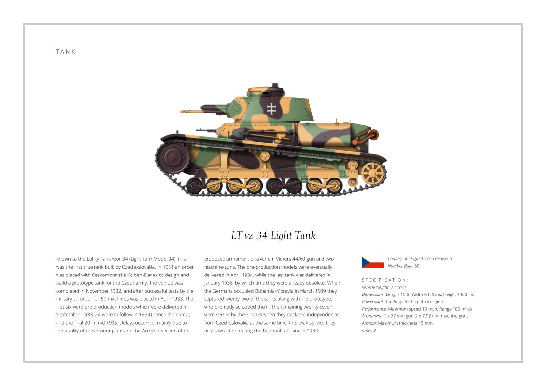 LT vz 34 Light Tank Known as the Lehký Tank vzor 34 (Light Tank Model 34), this was the first true tank built by Czechoslovakia. In 1931 an order was placed with Ceskomoravská Kolben-Danek to design and build a prototype tank for the Czech army. The vehicle was completed in November 1932, and after successful tests by the military an order for 50 machines was placed in April 1933. The first six were pre-production models which were delivered in September 1933. 24 were to follow in 1934 (hence the name), and the final 20 in mid 1935. Delays occurred, mainly due to the quality of the armour plate and the Army’s rejection of the    S P E C I F I C A T I O N : Vehicle Weight: 7.4 tons Dimensions: Length 15 ft, Width 6 ft 9 ins, Height 7 ft 3 ins Powerplant: 1 x Praga 62 hp petrol engine  Performance: Maximum speed 19 mph, Range 100 miles  Armament: 1 x 37 mm gun, 2 x 7.92 mm machine guns Armour: Maximum thickness 15 mm Crew: 3 proposed armament of a 4.7 cm Vickers 44/60 gun and two machine-guns. The pre-production models were eventually delivered in April 1934, while the last tank was delivered in January 1936, by which time they were already obsolete. When the Germans occupied Bohemia-Moravia in March 1939 they captured twenty-two of the tanks along with the prototype, who promptly scrapped them. The remaining twenty-seven were seized by the Slovaks when they declared independence from Czechoslovakia at the same time. In Slovak service they only saw action during the National Uprising in 1944.  Country of Origin: Czechoslovakia Number Built: 50    T A N K