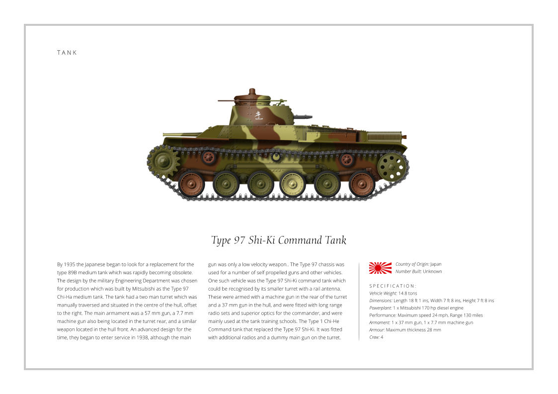 Type 97 Shi-Ki Command Tank  By 1935 the Japanese began to look for a replacement for the type 89B medium tank which was rapidly becoming obsolete. The design by the military Engineering Department was chosen for production which was built by Mitsubishi as the Type 97 Chi-Ha medium tank. The tank had a two man turret which was manually traversed and situated in the centre of the hull, offset to the right. The main armament was a 57 mm gun, a 7.7 mm machine gun also being located in the turret rear, and a similar weapon located in the hull front. An advanced design for the time, they began to enter service in 1938, although the main    S P E C I F I C A T I O N :  Vehicle Weight: 14.8 tons Dimensions: Length 18 ft 1 ins, Width 7 ft 8 ins, Height 7 ft 8 ins Powerplant: 1 x Mitsubishi 170 hp diesel engine Performance: Maximum speed 24 mph, Range 130 miles Armament: 1 x 37 mm gun, 1 x 7.7 mm machine gun  Armour: Maximum thickness 28 mm   Crew: 4 gun was only a low velocity weapon.. The Type 97 chassis was used for a number of self propelled guns and other vehicles. One such vehicle was the Type 97 Shi-Ki command tank which could be recognised by its smaller turret with a rail antenna. These were armed with a machine gun in the rear of the turret and a 37 mm gun in the hull, and were fitted with long range radio sets and superior optics for the commander, and were mainly used at the tank training schools. The Type 1 Chi-He  Command tank that replaced the Type 97 Shi-Ki. It was fitted with additional radios and a dummy main gun on the turret. Country of Origin: Japan Number Built: Unknown    T A N K