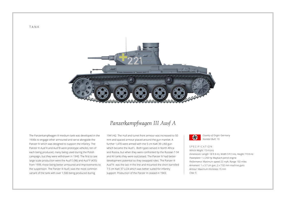 T A N K Panzerkampfwagen III Ausf A The Panzerkampfwagen III medium tank was developed in the 1930s to engage other armoured and serve alongside the Panzer IV which was designed to support the infantry. The Panzer III Ausf A and Ausf B were prototype vehicles, ten of each being produced, many being used during the Polish campaign, but they were withdrawn in 1940. The first to see large scale production were the Ausf E (96) and Ausf F (435) from 1939, these being better armoured and improvements to the suspension. The Panzer III Ausf J was the most common variant of the tank with over 1,500 being produced during    S P E C I F I C A T I O N : Vehicle Weight: 15.4 tons Dimensions: Length 18 ft 8 ins, Width 9 ft 3 ins, Height 7 ft 8 ins Powerplant: 1 x 250 hp Maybach petrol engine Performance: Maximum speed 22 mph, Range 102 miles Armament: 1 x 3.7 cm gun, 2 x 7.92 mm machine guns Armour: Maximum thickness 15 mm Crew: 5 1941/42. The Hull and turret front armour was increased to 50 mm and spaced armour placed around the gun mantlet. A further 1,470 were armed with the 5 cm KwK 39 L/60 gun which became the Ausf L. Both types served in North Africa and Russia, but when they were confronted by the Russian T-34 and KV tanks they were outclassed. The Panzer IV had better development potential so they swapped roles. The Panzer III Ausf N  was the last in the line and mounted the short barrelled 7.5 cm KwK 37 L/24 which was better suited for infantry support. Production of the Panzer III ceased in 1943.  Country of Origin: Germany Number Built: 10