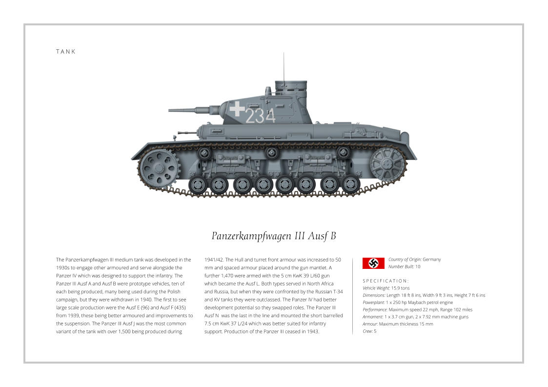 T A N K Panzerkampfwagen III Ausf B The Panzerkampfwagen III medium tank was developed in the 1930s to engage other armoured and serve alongside the Panzer IV which was designed to support the infantry. The Panzer III Ausf A and Ausf B were prototype vehicles, ten of each being produced, many being used during the Polish campaign, but they were withdrawn in 1940. The first to see large scale production were the Ausf E (96) and Ausf F (435) from 1939, these being better armoured and improvements to the suspension. The Panzer III Ausf J was the most common variant of the tank with over 1,500 being produced during    S P E C I F I C A T I O N : Vehicle Weight: 15.9 tons Dimensions: Length 18 ft 8 ins, Width 9 ft 3 ins, Height 7 ft 6 ins Powerplant: 1 x 250 hp Maybach petrol engine Performance: Maximum speed 22 mph, Range 102 miles Armament: 1 x 3.7 cm gun, 2 x 7.92 mm machine guns Armour: Maximum thickness 15 mm Crew: 5 1941/42. The Hull and turret front armour was increased to 50 mm and spaced armour placed around the gun mantlet. A further 1,470 were armed with the 5 cm KwK 39 L/60 gun which became the Ausf L. Both types served in North Africa and Russia, but when they were confronted by the Russian T-34 and KV tanks they were outclassed. The Panzer IV had better development potential so they swapped roles. The Panzer III Ausf N  was the last in the line and mounted the short barrelled 7.5 cm KwK 37 L/24 which was better suited for infantry support. Production of the Panzer III ceased in 1943.  Country of Origin: Germany Number Built: 10