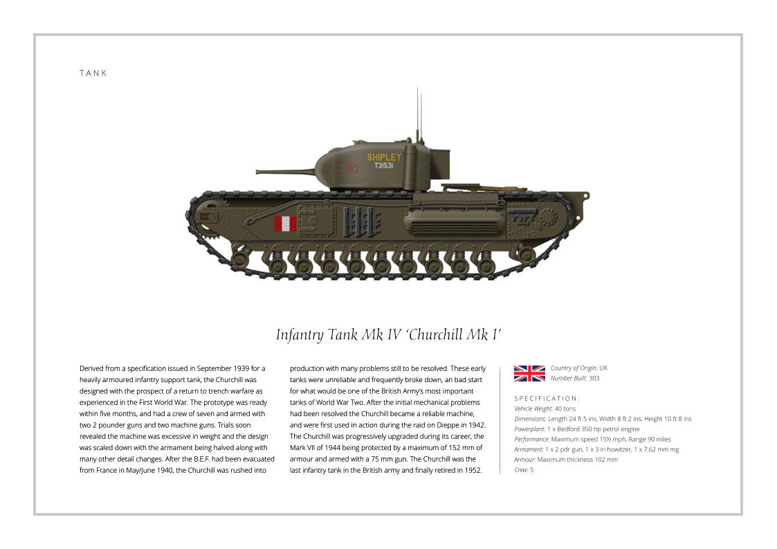 T A N K Infantry Tank Mk IV ‘Churchill Mk I’ Derived from a specification issued in September 1939 for a heavily armoured infantry support tank, the Churchill was designed with the prospect of a return to trench warfare as experienced in the First World War. The prototype was ready within five months, and had a crew of seven and armed with two 2 pounder guns and two machine guns. Trials soon revealed the machine was excessive in weight and the design was scaled down with the armament being halved along with many other detail changes. After the B.E.F. had been evacuated from France in May/June 1940, the Churchill was rushed into    S P E C I F I C A T I O N : Vehicle Weight: 40 tons Dimensions: Length 24 ft 5 ins, Width 8 ft 2 ins, Height 10 ft 8 ins Powerplant: 1 x Bedford 350 hp petrol engine Performance: Maximum speed 15½ mph, Range 90 miles Armament: 1 x 2 pdr gun, 1 x 3 in howitzer, 1 x 7.62 mm mg Armour: Maximum thickness 102 mm   Crew: 5 production with many problems still to be resolved. These early tanks were unreliable and frequently broke down, an bad start for what would be one of the British Army’s most important tanks of World War Two. After the initial mechanical problems had been resolved the Churchill became a reliable machine, and were first used in action during the raid on Dieppe in 1942. The Churchill was progressively upgraded during its career, the Mark VII of 1944 being protected by a maximum of 152 mm of armour and armed with a 75 mm gun. The Churchill was the last infantry tank in the British army and finally retired in 1952. Country of Origin: UK Number Built: 303 Derived from a specification issued in September 1939 for a heavily armoured infantry support tank, the Churchill was designed with the prospect of a return to trench warfare as experienced in the First World War. The prototype was ready within five months, and had a crew of seven and armed with two 2 pounder guns and two machine guns. Trials soon revealed the machine was excessive in weight and the design was scaled down with the armament being halved along with many other detail changes. After the B.E.F. had been evacuated from France in May/June 1940, the Churchill was rushed into production with many problems still to be resolved. These early tanks were unreliable and frequently broke down, an bad start for what would be one of the British Army’s most important tanks of World War Two. After the initial mechanical problems had been resolved the Churchill became a reliable machine, and were first used in action during the raid on Dieppe in 1942. The Churchill was progressively upgraded during its career, the Mark VII of 1944 being protected by a maximum of 152 mm of armour and armed with a 75 mm gun. The Churchill was the last infantry tank in the British army and finally retired in 1952.