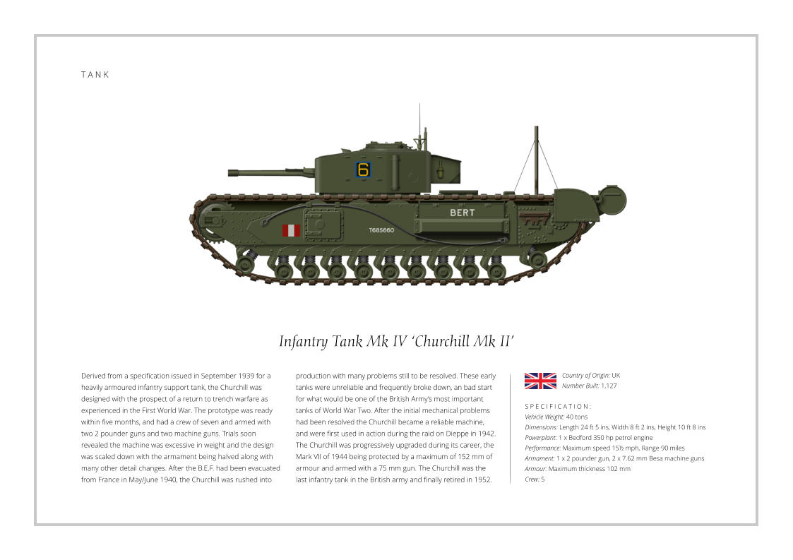 T A N K Infantry Tank Mk IV ‘Churchill Mk II’ Derived from a specification issued in September 1939 for a heavily armoured infantry support tank, the Churchill was designed with the prospect of a return to trench warfare as experienced in the First World War. The prototype was ready within five months, and had a crew of seven and armed with two 2 pounder guns and two machine guns. Trials soon revealed the machine was excessive in weight and the design was scaled down with the armament being halved along with many other detail changes. After the B.E.F. had been evacuated from France in May/June 1940, the Churchill was rushed into    S P E C I F I C A T I O N : Vehicle Weight: 40 tons Dimensions: Length 24 ft 5 ins, Width 8 ft 2 ins, Height 10 ft 8 ins Powerplant: 1 x Bedford 350 hp petrol engine Performance: Maximum speed 15½ mph, Range 90 miles Armament: 1 x 2 pounder gun, 2 x 7.62 mm Besa machine guns Armour: Maximum thickness 102 mm   Crew: 5 production with many problems still to be resolved. These early tanks were unreliable and frequently broke down, an bad start for what would be one of the British Army’s most important tanks of World War Two. After the initial mechanical problems had been resolved the Churchill became a reliable machine, and were first used in action during the raid on Dieppe in 1942. The Churchill was progressively upgraded during its career, the Mark VII of 1944 being protected by a maximum of 152 mm of armour and armed with a 75 mm gun. The Churchill was the last infantry tank in the British army and finally retired in 1952.  Country of Origin: UK Number Built: 1,127