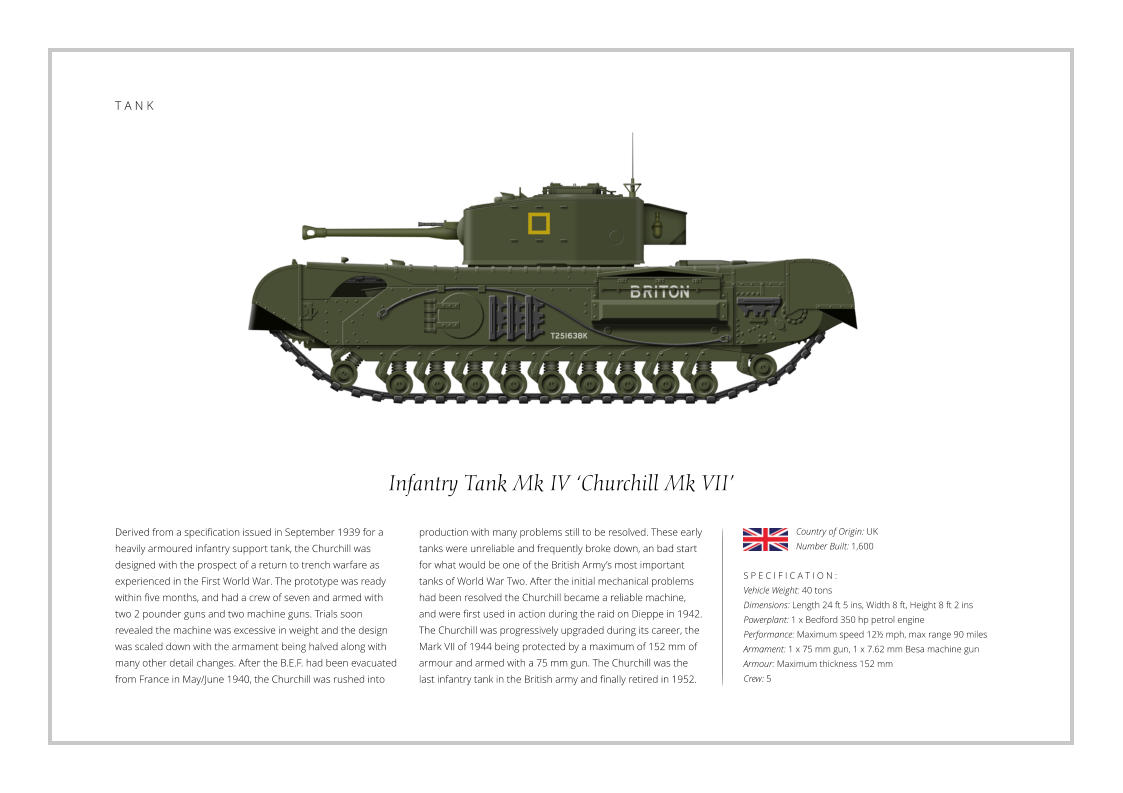 Country of Origin: UK Number Built: 24,429    A R M O U R E D   C A R    T A N K Infantry Tank Mk IV ‘Churchill Mk VII’ Derived from a specification issued in September 1939 for a heavily armoured infantry support tank, the Churchill was designed with the prospect of a return to trench warfare as experienced in the First World War. The prototype was ready within five months, and had a crew of seven and armed with two 2 pounder guns and two machine guns. Trials soon revealed the machine was excessive in weight and the design was scaled down with the armament being halved along with many other detail changes. After the B.E.F. had been evacuated from France in May/June 1940, the Churchill was rushed into    S P E C I F I C A T I O N : Vehicle Weight: 40 tons Dimensions: Length 24 ft 5 ins, Width 8 ft, Height 8 ft 2 ins Powerplant: 1 x Bedford 350 hp petrol engine Performance: Maximum speed 12½ mph, max range 90 miles Armament: 1 x 75 mm gun, 1 x 7.62 mm Besa machine gun Armour: Maximum thickness 152 mm   Crew: 5 production with many problems still to be resolved. These early tanks were unreliable and frequently broke down, an bad start for what would be one of the British Army’s most important tanks of World War Two. After the initial mechanical problems had been resolved the Churchill became a reliable machine, and were first used in action during the raid on Dieppe in 1942. The Churchill was progressively upgraded during its career, the Mark VII of 1944 being protected by a maximum of 152 mm of armour and armed with a 75 mm gun. The Churchill was the last infantry tank in the British army and finally retired in 1952.   Country of Origin: UK Number Built: 1,600
