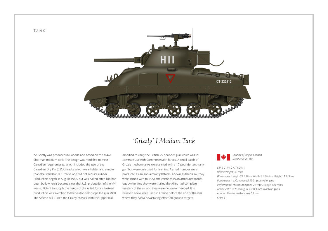 ‘Grizzly’ I Medium Tank he Grizzly was produced in Canada and based on the M4A1 Sherman medium tank. The design was modified to meet Canadian requirements, which included the use of the Canadian Dry Pin (C.D.P.) tracks which were lighter and simpler than the standard U.S. tracks and did not require rubber. Production began in August 1943, but was halted after 188 had been built when it became clear that U.S. production of the M4 was sufficient to supply the needs of the Allied forces. Instead production was switched to the Sexton self-propelled gun Mk II. The Sexton Mk II used the Grizzly chassis, with the upper hull    S P E C I F I C A T I O N : Vehicle Weight: 30 tons Dimensions: Length 24 ft 8 ins, Width 8 ft 9½ ins, Height 11 ft 3 ins Powerplant: 1 x Continental 400 hp petrol engine Performance: Maximum speed 24 mph, Range 100 miles  Armament: 1 x 75 mm gun, 2 x 0.3 inch machine guns   Armour: Maximum thickness 75 mm Crew: 5 modified to carry the British 25 pounder gun which was in common use with Commonwealth forces. A small batch of Grizzly medium tanks were armed with a 17 pounder anti-tank gun but were only used for training. A small number were produced as an anti-aircraft platform. Known as the Skink, they were armed with four 20 mm cannons in an armoured turret, but by the time they were trialled the Allies had complete mastery of the air and they were no longer needed. It is believed a few were used in France before the end of the war where they had a devastating effect on ground targets.  Country of Origin: Canada Number Built: 188    T A N K