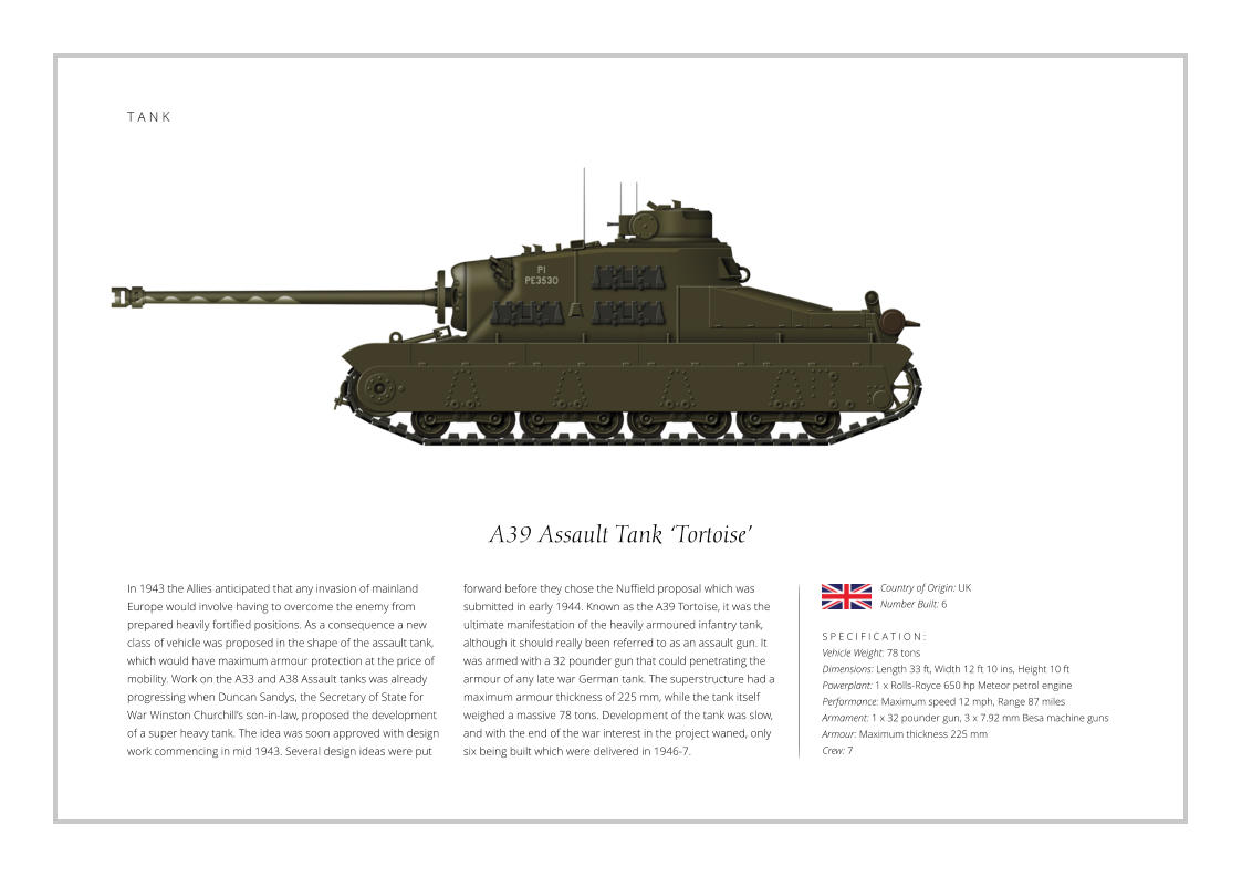 Country of Origin: UK Number Built: 24,429    A R M O U R E D   C A R    T A N K A39 Assault Tank ‘Tortoise’ In 1943 the Allies anticipated that any invasion of mainland Europe would involve having to overcome the enemy from prepared heavily fortified positions. As a consequence a new class of vehicle was proposed in the shape of the assault tank, which would have maximum armour protection at the price of mobility. Work on the A33 and A38 Assault tanks was already progressing when Duncan Sandys, the Secretary of State for War Winston Churchill’s son-in-law, proposed the development of a super heavy tank. The idea was soon approved with design work commencing in mid 1943. Several design ideas were put    S P E C I F I C A T I O N : Vehicle Weight: 78 tons Dimensions: Length 33 ft, Width 12 ft 10 ins, Height 10 ft Powerplant: 1 x Rolls-Royce 650 hp Meteor petrol engine Performance: Maximum speed 12 mph, Range 87 miles   Armament: 1 x 32 pounder gun, 3 x 7.92 mm Besa machine guns    Armour: Maximum thickness 225 mm Crew: 7 forward before they chose the Nuffield proposal which was submitted in early 1944. Known as the A39 Tortoise, it was the ultimate manifestation of the heavily armoured infantry tank, although it should really been referred to as an assault gun. It was armed with a 32 pounder gun that could penetrating the armour of any late war German tank. The superstructure had a maximum armour thickness of 225 mm, while the tank itself weighed a massive 78 tons. Development of the tank was slow, and with the end of the war interest in the project waned, only six being built which were delivered in 1946-7. Country of Origin: UK Number Built: 6