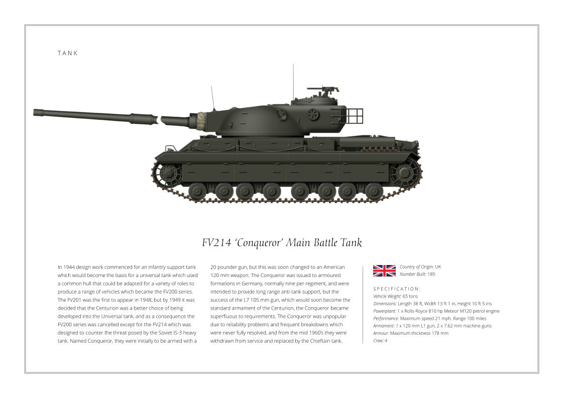 FV214 ‘Conqueror’ Main Battle Tank In 1944 design work commenced for an infantry support tank which would become the basis for a universal tank which used a common hull that could be adapted for a variety of roles to produce a range of vehicles which became the FV200 series. The FV201 was the first to appear in 1948, but by 1949 it was decided that the Centurion was a better choice of being developed into the Universal tank, and as a consequence the FV200 series was cancelled except for the FV214 which was designed to counter the threat posed by the Soviet IS-3 heavy tank. Named Conqueror, they were initially to be armed with a    S P E C I F I C A T I O N : Vehicle Weight: 65 tons Dimensions: Length 38 ft, Width 13 ft 1 in, Height 10 ft 5 ins   Powerplant: 1 x Rolls-Royce 810 hp Meteor M120 petrol engine    Performance: Maximum speed 21 mph, Range 100 miles   Armament: 1 x 120 mm L1 gun, 2 x 7.62 mm machine guns    Armour: Maximum thickness 178 mm Crew: 4 20 pounder gun, but this was soon changed to an American 120 mm weapon. The Conqueror was issued to armoured formations in Germany, normally nine per regiment, and were intended to provide long range anti-tank support, but the success of the L7 105 mm gun, which would soon become the standard armament of the Centurion, the Conqueror became superfluous to requirements. The Conqueror was unpopular due to reliability problems and frequent breakdowns which were never fully resolved, and from the mid 1960’s they were withdrawn from service and replaced by the Chieftain tank. Country of Origin: UK Number Built: 185    T A N K
