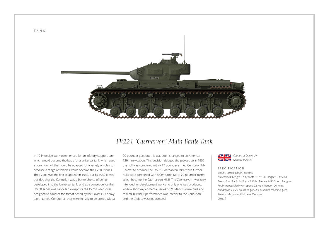 T A N K FV221 ‘Caernarvon’ Main Battle Tank In 1944 design work commenced for an infantry support tank which would become the basis for a universal tank which used a common hull that could be adapted for a variety of roles to produce a range of vehicles which became the FV200 series. The FV201 was the first to appear in 1948, but by 1949 it was decided that the Centurion was a better choice of being developed into the Universal tank, and as a consequence the FV200 series was cancelled except for the FV214 which was designed to counter the threat posed by the Soviet IS-3 heavy tank. Named Conqueror, they were initially to be armed with a    S P E C I F I C A T I O N : Weight: Vehicle Weight: 58 tons Dimensions: Length 32 ft, Width 13 ft 1 in, Height 10 ft 5 ins   Powerplant: 1 x Rolls-Royce 810 hp Meteor M120 petrol engine    Performance: Maximum speed 22 mph, Range 100 miles   Armament: 1 x 20 pounder gun, 2 x 7.62 mm machine guns    Armour: Maximum thickness 152 mm Crew: 4 20 pounder gun, but this was soon changed to an American 120 mm weapon. This decision delayed the project, so in 1952 the hull was combined with a 17 pounder armed Centurion Mk II turret to produce the FV221 Caernarvon Mk I, while further hulls were combined with a Centurion Mk III 20 pounder turret which became the Caernarvon Mk II. The Caernarvon I was only intended for development work and only one was produced, while a short experimental series of 21 Mark IIs were built and trialled, but their performance was inferior to the Centurion and the project was not pursued. Country of Origin: UK Number Built: 21    T A N K