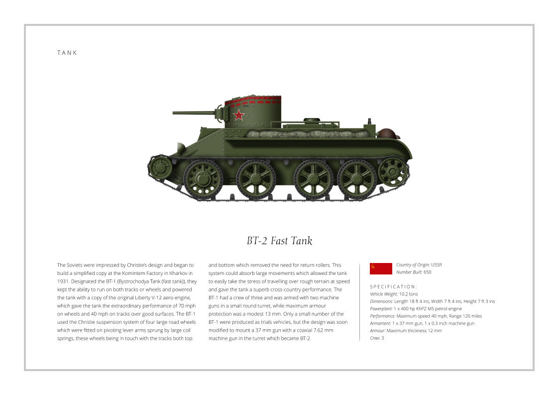 BT-2 Fast Tank The Soviets were impressed by Christie’s design and began to build a simplified copy at the Komintem Factory in Kharkov in 1931. Designated the BT-1 (Bystrochodya Tank (fast tank)), they kept the ability to run on both tracks or wheels and powered the tank with a copy of the original Liberty V-12 aero-engine, which gave the tank the extraordinary performance of 70 mph on wheels and 40 mph on tracks over good surfaces. The BT-1 used the Christie suspension system of four large road wheels which were fitted on pivoting lever arms sprung by large coil springs, these wheels being in touch with the tracks both top    S P E C I F I C A T I O N :  Vehicle Weight: 10.2 tons    Dimensions: Length 18 ft 4 ins, Width 7 ft 4 ins, Height 7 ft 3 ins Powerplant: 1 x 400 hp KhPZ M5 petrol engine Performance: Maximum speed 40 mph, Range 120 miles   Armament: 1 x 37 mm gun, 1 x 0.3 inch machine gun Armour: Maximum thickness 12 mm Crew: 3 and bottom which removed the need for return rollers. This system could absorb large movements which allowed the tank to easily take the stress of travelling over rough terrain at speed and gave the tank a superb cross-country performance. The BT-1 had a crew of three and was armed with two machine guns in a small round turret, while maximum armour protection was a modest 13 mm. Only a small number of the BT-1 were produced as trials vehicles, but the design was soon modified to mount a 37 mm gun with a coaxial 7.62 mm machine gun in the turret which became BT-2.   Country of Origin: USSR Number Built: 650    T A N K