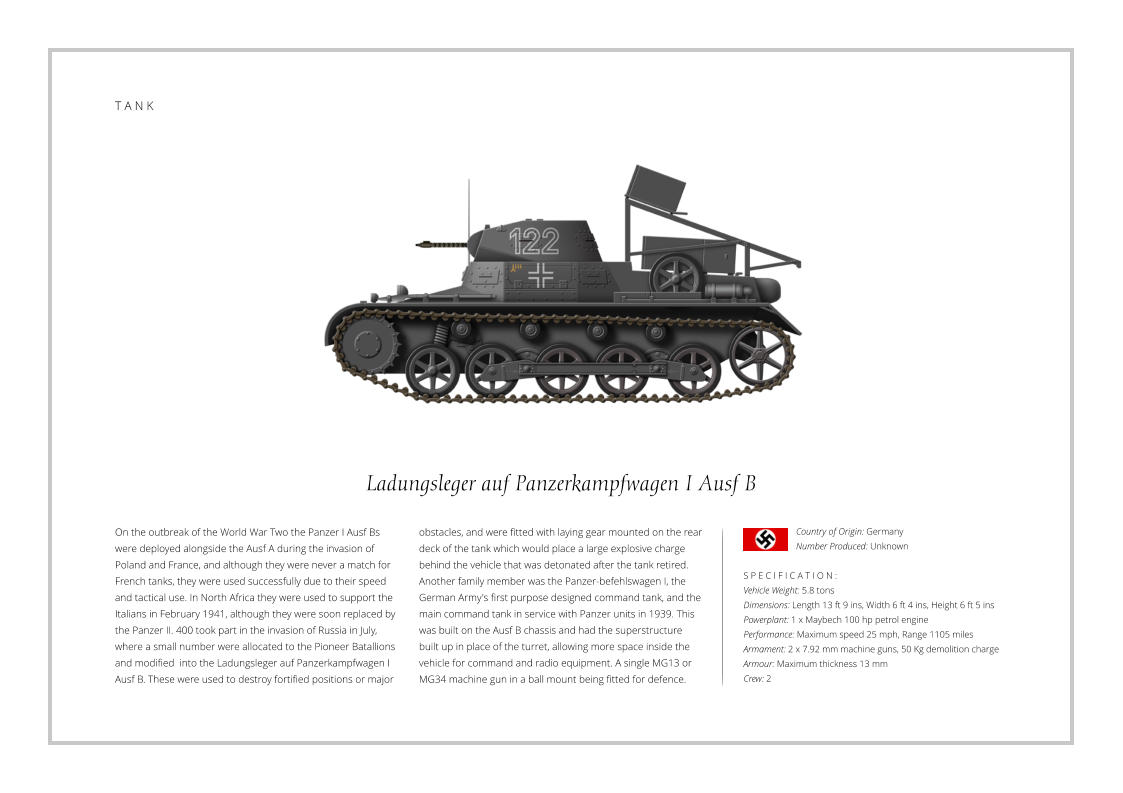 Ladungsleger auf Panzerkampfwagen I Ausf B On the outbreak of the World War Two the Panzer I Ausf Bs were deployed alongside the Ausf A during the invasion of Poland and France, and although they were never a match for French tanks, they were used successfully due to their speed and tactical use. In North Africa they were used to support the Italians in February 1941, although they were soon replaced by the Panzer II. 400 took part in the invasion of Russia in July, where a small number were allocated to the Pioneer Batallions and modified  into the Ladungsleger auf Panzerkampfwagen I Ausf B. These were used to destroy fortified positions or major    S P E C I F I C A T I O N : Vehicle Weight: 5.8 tons Dimensions: Length 13 ft 9 ins, Width 6 ft 4 ins, Height 6 ft 5 ins Powerplant: 1 x Maybech 100 hp petrol engine Performance: Maximum speed 25 mph, Range 1105 miles Armament: 2 x 7.92 mm machine guns, 50 Kg demolition charge Armour: Maximum thickness 13 mm   Crew: 2 obstacles, and were fitted with laying gear mounted on the rear deck of the tank which would place a large explosive charge behind the vehicle that was detonated after the tank retired. Another family member was the Panzer-befehlswagen I, the German Army's first purpose designed command tank, and the main command tank in service with Panzer units in 1939. This was built on the Ausf B chassis and had the superstructure built up in place of the turret, allowing more space inside the vehicle for command and radio equipment. A single MG13 or MG34 machine gun in a ball mount being fitted for defence. Country of Origin: Germany Number Produced: Unknown    T A N K