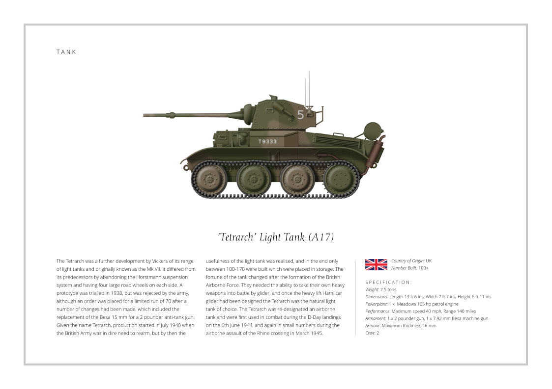 T A N K ‘Tetrarch’ Light Tank (A17) The Tetrarch was a further development by Vickers of its range of light tanks and originally known as the Mk VII. It differed from its predecessors by abandoning the Horstmann suspension system and having four large road wheels on each side. A prototype was trialled in 1938, but was rejected by the army, although an order was placed for a limited run of 70 after a number of changes had been made, which included the replacement of the Besa 15 mm for a 2 pounder anti-tank gun. Given the name Tetrarch, production started in July 1940 when the British Army was in dire need to rearm, but by then the    S P E C I F I C A T I O N : Weight: 7.5 tons Dimensions: Length 13 ft 6 ins, Width 7 ft 7 ins, Height 6 ft 11 ins Powerplant: 1 x  Meadows 165 hp petrol engine Performance: Maximum speed 40 mph, Range 140 miles  Armament: 1 x 2 pounder gun, 1 x 7.92 mm Besa machine gun   Armour: Maximum thickness 16 mm Crew: 2 usefulness of the light tank was realised, and in the end only between 100-170 were built which were placed in storage. The fortune of the tank changed after the formation of the British Airborne Force. They needed the ability to take their own heavy weapons into battle by glider, and once the heavy lift Hamilcar glider had been designed the Tetrarch was the natural light tank of choice. The Tetrarch was re-designated an airborne tank and were first used in combat during the D-Day landings on the 6th June 1944, and again in small numbers during the airborne assault of the Rhine crossing in March 1945. Country of Origin: UK Number Built: 100+    T A N K