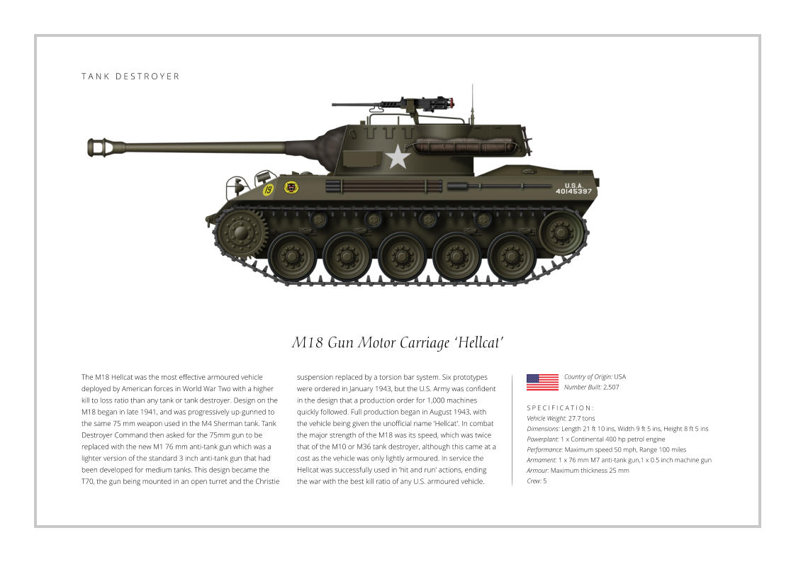 M18 Gun Motor Carriage ‘Hellcat’ The M18 Hellcat was the most effective armoured vehicle deployed by American forces in World War Two with a higher kill to loss ratio than any tank or tank destroyer. Design on the M18 began in late 1941, and was progressively up-gunned to the same 75 mm weapon used in the M4 Sherman tank. Tank Destroyer Command then asked for the 75mm gun to be replaced with the new M1 76 mm anti-tank gun which was a lighter version of the standard 3 inch anti-tank gun that had been developed for medium tanks. This design became the T70, the gun being mounted in an open turret and the Christie    S P E C I F I C A T I O N : Vehicle Weight: 27.7 tons Dimensions: Length 21 ft 10 ins, Width 9 ft 5 ins, Height 8 ft 5 ins Powerplant: 1 x Continental 400 hp petrol engine Performance: Maximum speed 50 mph, Range 100 miles Armament: 1 x 76 mm M7 anti-tank gun,1 x 0.5 inch machine gun Armour: Maximum thickness 25 mm Crew: 5 suspension replaced by a torsion bar system. Six prototypes were ordered in January 1943, but the U.S. Army was confident in the design that a production order for 1,000 machines quickly followed. Full production began in August 1943, with the vehicle being given the unofficial name 'Hellcat'. In combat the major strength of the M18 was its speed, which was twice that of the M10 or M36 tank destroyer, although this came at a cost as the vehicle was only lightly armoured. In service the Hellcat was successfully used in 'hit and run' actions, ending the war with the best kill ratio of any U.S. armoured vehicle. Country of Origin: USA Number Built: 2,507    T A N K   D E S T R O Y E R