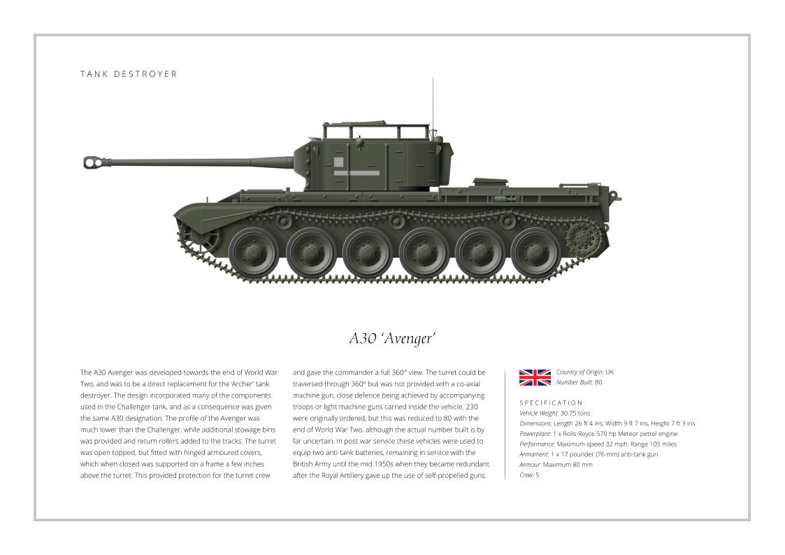 A30 ‘Avenger’ The A30 Avenger was developed towards the end of World War Two, and was to be a direct replacement for the ‘Archer’ tank destroyer. The design incorporated many of the components used in the Challenger tank, and as a consequence was given the same A30 designation. The profile of the Avenger was much lower than the Challenger, while additional stowage bins was provided and return rollers added to the tracks. The turret was open topped, but fitted with hinged armoured covers, which when closed was supported on a frame a few inches above the turret. This provided protection for the turret crew    S P E C I F I C A T I O N : Vehicle Weight: 30.75 tons Dimensions: Length 26 ft 4 ins, Width 9 ft 7 ins, Height 7 ft 3 ins Powerplant: 1 x Rolls-Royce 570 hp Meteor petrol engine Performance: Maximum speed 32 mph, Range 105 miles Armament: 1 x 17 pounder (76 mm) anti-tank gun Armour: Maximum 80 mm Crew: 5 and gave the commander a full 360° view. The turret could be traversed through 360° but was not provided with a co-axial machine gun, close defence being achieved by accompanying troops or light machine guns carried inside the vehicle. 230 were originally ordered, but this was reduced to 80 with the end of World War Two, although the actual number built is by far uncertain. In post war service these vehicles were used to equip two anti-tank batteries, remaining in service with the British Army until the mid 1950s when they became redundant after the Royal Artillery gave up the use of self-propelled guns.  Country of Origin: UK Number Built: 80    T A N K   D E S T R O Y E R
