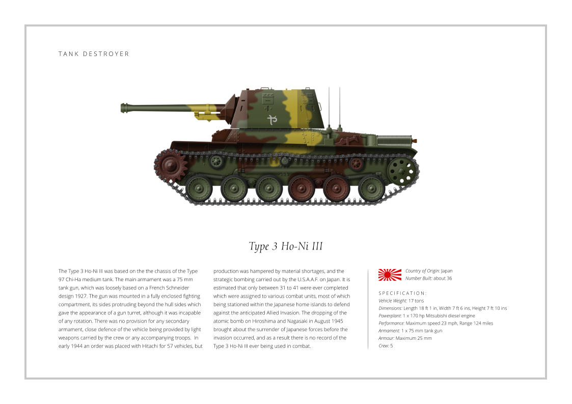 Type 3 Ho-Ni III The Type 3 Ho-Ni III was based on the the chassis of the Type 97 Chi-Ha medium tank. The main armament was a 75 mm tank gun, which was loosely based on a French Schneider design 1927. The gun was mounted in a fully enclosed fighting compartment, its sides protruding beyond the hull sides which gave the appearance of a gun turret, although it was incapable of any rotation. There was no provision for any secondary armament, close defence of the vehicle being provided by light weapons carried by the crew or any accompanying troops.  In early 1944 an order was placed with Hitachi for 57 vehicles, but    S P E C I F I C A T I O N : Vehicle Weight: 17 tons Dimensions: Length 18 ft 1 in, Width 7 ft 6 ins, Height 7 ft 10 ins  Powerplant: 1 x 170 hp Mitsubishi diesel engine Performance: Maximum speed 23 mph, Range 124 miles Armament: 1 x 75 mm tank gun Armour: Maximum 25 mm Crew: 5 production was hampered by material shortages, and the strategic bombing carried out by the U.S.A.A.F. on Japan. It is estimated that only between 31 to 41 were ever completed which were assigned to various combat units, most of which being stationed within the Japanese home islands to defend against the anticipated Allied Invasion. The dropping of the atomic bomb on Hiroshima and Nagasaki in August 1945 brought about the surrender of Japanese forces before the invasion occurred, and as a result there is no record of the Type 3 Ho-Ni III ever being used in combat. Country of Origin: Japan Number Built: about 36    T A N K   D E S T R O Y E R