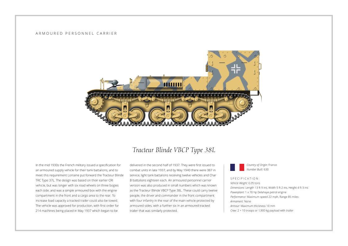 Tracteur Blinde VBCP Type 38L In the mid 1930s the French military issued a specification for an armoured supply vehicle for their tank battalions, and to meet this requirement Lorraine put forward the Tracteur Blinde TRC Type 37L. The design was based on their earlier CRI vehicle, but was longer with six road wheels on three bogies each side, and was a simple armoured box with the engine compartment in the front and a cargo area to the rear. To increase load capacity a tracked trailer could also be towed. The vehicle was approved for production, with first order for 214 machines being placed in May 1937 which began to be    S P E C I F I C A T I O N : Vehicle Weight: 6.05 tons Dimensions: Length 13 ft 9 ins, Width 5 ft 2 ins, Height 4 ft 3 ins  Powerplant: 1 x 70 hp Delahaye petrol engine Performance: Maximum speed 22 mph, Range 85 miles  Armament: None Armour: Maximum thickness 10 mm Crew: 2 + 10 troops or 1,900 kg payload with trailer delivered in the second half of 1937. They were first issued to combat units in late 1937, and by May 1940 there were 387 in service, light tank battalions receiving twelve vehicles and Char B battalions eighteen each. An armoured personnel carrier version was also produced in small numbers which was known as the Tracteur Blinde VBCP Type 38L. These could carry twelve people, the driver and commander in the front compartment with four infantry in the rear of the main vehicle protected by armoured sides, with a further six in an armoured tracked trailer that was similarly protected. Country of Origin: France Number Built: 630    A R M O U R E D   P E R S O N N E L   C A R R I E R