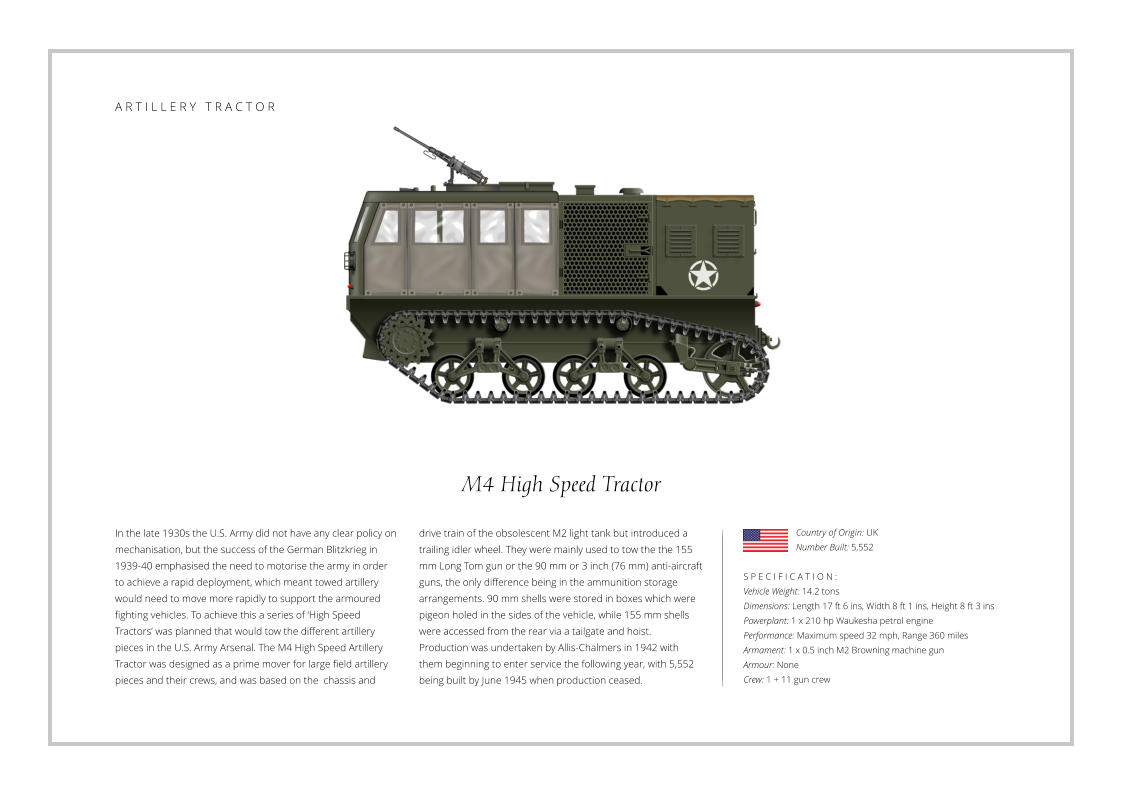M4 High Speed Tractor  In the late 1930s the U.S. Army did not have any clear policy on mechanisation, but the success of the German Blitzkrieg in 1939-40 emphasised the need to motorise the army in order to achieve a rapid deployment, which meant towed artillery would need to move more rapidly to support the armoured fighting vehicles. To achieve this a series of ‘High Speed Tractors’ was planned that would tow the different artillery pieces in the U.S. Army Arsenal. The M4 High Speed Artillery Tractor was designed as a prime mover for large field artillery pieces and their crews, and was based on the  chassis and    S P E C I F I C A T I O N : Vehicle Weight: 14.2 tons Dimensions: Length 17 ft 6 ins, Width 8 ft 1 ins, Height 8 ft 3 ins Powerplant: 1 x 210 hp Waukesha petrol engine Performance: Maximum speed 32 mph, Range 360 miles  Armament: 1 x 0.5 inch M2 Browning machine gun Armour: None Crew: 1 + 11 gun crew drive train of the obsolescent M2 light tank but introduced a trailing idler wheel. They were mainly used to tow the the 155 mm Long Tom gun or the 90 mm or 3 inch (76 mm) anti-aircraft guns, the only difference being in the ammunition storage arrangements. 90 mm shells were stored in boxes which were pigeon holed in the sides of the vehicle, while 155 mm shells were accessed from the rear via a tailgate and hoist. Production was undertaken by Allis-Chalmers in 1942 with them beginning to enter service the following year, with 5,552 being built by June 1945 when production ceased.  Country of Origin: UK Number Built: 5,552    A R T I L L E R Y   T R A C T O R