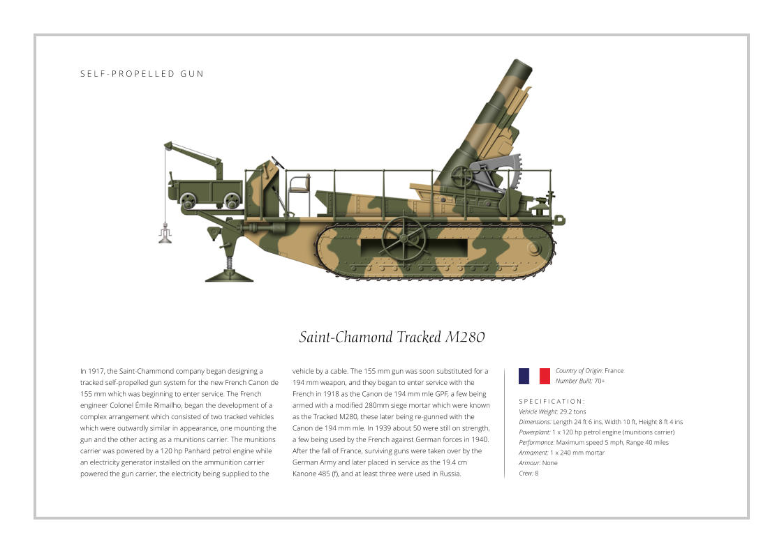 Saint-Chamond Tracked M280 In 1917, the Saint-Chammond company began designing a tracked self-propelled gun system for the new French Canon de 155 mm which was beginning to enter service. The French engineer Colonel Émile Rimailho, began the development of a complex arrangement which consisted of two tracked vehicles which were outwardly similar in appearance, one mounting the gun and the other acting as a munitions carrier. The munitions carrier was powered by a 120 hp Panhard petrol engine while an electricity generator installed on the ammunition carrier powered the gun carrier, the electricity being supplied to the    S P E C I F I C A T I O N : Vehicle Weight: 29.2 tons Dimensions: Length 24 ft 6 ins, Width 10 ft, Height 8 ft 4 ins Powerplant: 1 x 120 hp petrol engine (munitions carrier) Performance: Maximum speed 5 mph, Range 40 miles Armament: 1 x 240 mm mortar Armour: None Crew: 8 vehicle by a cable. The 155 mm gun was soon substituted for a 194 mm weapon, and they began to enter service with the French in 1918 as the Canon de 194 mm mle GPF, a few being armed with a modified 280mm siege mortar which were known as the Tracked M280, these later being re-gunned with the Canon de 194 mm mle. In 1939 about 50 were still on strength, a few being used by the French against German forces in 1940. After the fall of France, surviving guns were taken over by the German Army and later placed in service as the 19.4 cm Kanone 485 (f), and at least three were used in Russia. Country of Origin: France Number Built: 70+    S E L F - P R O P E L L E D   G U N