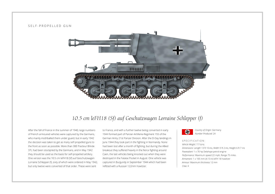 10.5 cm leFH18 (Sf) auf Geschutzwagen Lorraine Schlepper (f) After the fall of France in the summer of 1940, large numbers of French armoured vehicles were captured by the Germans, who mainly mothballed them under guard, but in early 1942 the decision was taken to get as many self-propelled guns to the front as soon as possible. More than 300 Tracteur Blinde 37L had been stockpiled by the Germans, and in May 1942 they should be used as the basis for self-propelled artillery. One version was the 10.5 cm leFH18 (Sf) auf Geschutzwagen Lorraine Schlepper (f), sixty of which were ordered in May 1942, but only twelve were converted of that order. These were sent    S P E C I F I C A T I O N : Vehicle Weight: 7.7 tons Dimensions: Length 13 ft 10 ins, Width 5 ft 2 ins, Height 6 ft 7 ins  Powerplant: 1 x 70 hp Delahaye petrol engine Performance: Maximum speed 22 mph, Range 75 miles Armament: 1 x 105 mm (4.13 in) leFH 18 howitzer Armour: Maximum thickness 12 mm Crew: 4 to France, and with a further twelve being converted in early 1944 formed part of Panzer-Artillerie-Regiment 155 of the German Army 21st Panzer Division. After the D-Day landings in June 1944 they took part in the fighting in Normandy. None had been lost after a month of fighting, but during the Allied breakout they suffered heavily in the fierce fighting around Caen, the last vehicles being knocked out when they were destroyed in the Falaise Pocket in August. One vehicle was captured in Burgundy in September 1944 which had been refitted with a Russian 122mm howitzer. Country of Origin: Germany Number Produced: 24    S E L F - P R O P E L L E D   G U N