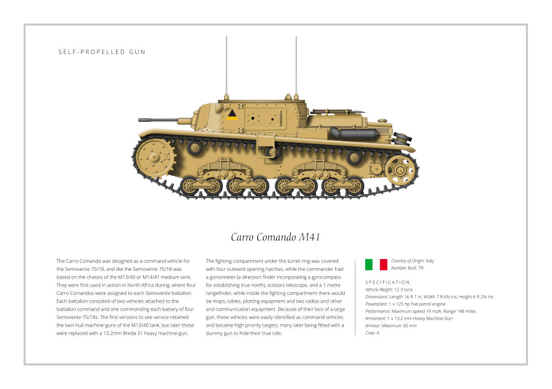Carro Comando M41 The Carro Comando was designed as a command vehicle for the Semovente 75/18, and like the Semovente 75/18 was based on the chassis of the M13/40 or M14/41 medium tank. They were first used in action in North Africa during, where four Carro Comandos were assigned to each Semovente battalion. Each battalion consisted of two vehicles attached to the battalion command and one commanding each battery of four Semovente 75/18s. The first versions to see service retained the twin hull machine-guns of the M13/40 tank, but later these were replaced with a 13.2mm Breda 31 heavy machine-gun.    S P E C I F I C A T I O N : Vehicle Weight: 12.3 tons Dimensions: Length 16 ft 1 in, Width 7 ft 6½ ins, Height 6 ft 2½ ins  Powerplant: 1 x 125 hp Fiat petrol engine Performance: Maximum speed 19 mph, Range 148 miles Armament: 1 x 13.2 mm Heavy Machine Gun Armour: Maximum 30 mm Crew: 4 The fighting compartment under the turret ring was covered with four outward opening hatches, while the commander had a goniometer (a direction finder incorporating a gyrocompass for establishing true north), scissors telescope, and a 1 metre rangefinder, while inside the fighting compartment there would be maps, tables, plotting equipment and two radios and other and communication equipment. Because of their lack of a large gun, these vehicles were easily identified as command vehicles and became high priority targets, many later being fitted with a dummy gun to hide their true role.  Country of Origin: Italy Number Built: 79    S E L F - P R O P E L L E D   G U N
