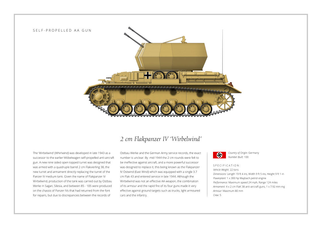 2 cm Flakpanzer IV ‘Wirbelwind’ The ‘Wirbelwind’ (Whirlwind) was developed in late 1943 as a successor to the earlier Möbelwagen self-propelled anti-aircraft gun. A new nine sided open topped turret was designed that was armed with a quadruple barrel 2 cm Flakvierling 38, the new turret and armament directly replacing the turret of the Panzer IV medium tank. Given the name of Flakpanzer IV Wirbelwind, production of the tank was carried out by Ostbau Werke in Sagan, Silesia, and between 85 - 105 were produced on the chassis of Panzer IVs that had returned from the font for repairs, but due to discrepancies between the records of    S P E C I F I C A T I O N : Vehicle Weight: 22 tons Dimensions: Length 19 ft 4 ins, Width 9 ft 5 ins, Height 9 ft 1 in Powerplant: 1 x 300 hp Maybach petrol engine Performance: Maximum speed 24 mph, Range 124 miles Armament: 4 x 2 cm FlaK 38 anti-aircraft guns, 1 x 7.92 mm mg Armour: Maximum 80 mm Crew: 5 Ostbau Werke and the German Army service records, the exact number is unclear. By  mid 1944 the 2 cm rounds were felt to be ineffective against aircraft, and a more powerful successor was designed to replace it, this being known as the Flakpanzer IV Ostwind (East Wind) which was equipped with a single 3.7 cm Flak 43 and entered service in late 1944. Although the Wirbelwind was not an effective AA weapon, the combination of its armour and the rapid fire of its four guns made it very effective against ground targets such as trucks, light armoured cars and the infantry.   Country of Origin: Germany Number Built: 100    S E L F - P R O P E L L E D   A A   G U N