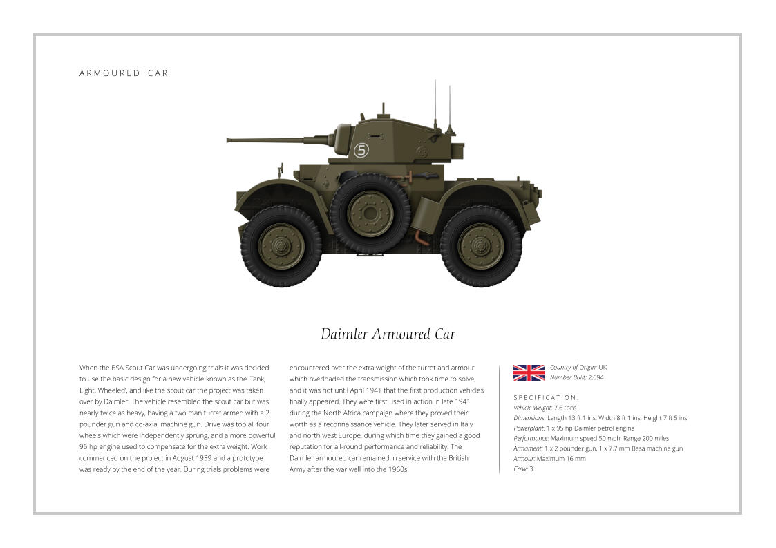 A R M O U R E D    C A R Daimler Armoured Car When the BSA Scout Car was undergoing trials it was decided to use the basic design for a new vehicle known as the ‘Tank, Light, Wheeled’, and like the scout car the project was taken over by Daimler. The vehicle resembled the scout car but was nearly twice as heavy, having a two man turret armed with a 2 pounder gun and co-axial machine gun. Drive was too all four wheels which were independently sprung, and a more powerful 95 hp engine used to compensate for the extra weight. Work commenced on the project in August 1939 and a prototype was ready by the end of the year. During trials problems were    S P E C I F I C A T I O N : Vehicle Weight: 7.6 tons Dimensions: Length 13 ft 1 ins, Width 8 ft 1 ins, Height 7 ft 5 ins Powerplant: 1 x 95 hp Daimler petrol engine Performance: Maximum speed 50 mph, Range 200 miles Armament: 1 x 2 pounder gun, 1 x 7.7 mm Besa machine gun Armour: Maximum 16 mm Crew: 3 encountered over the extra weight of the turret and armour which overloaded the transmission which took time to solve, and it was not until April 1941 that the first production vehicles finally appeared. They were first used in action in late 1941 during the North Africa campaign where they proved their worth as a reconnaissance vehicle. They later served in Italy and north west Europe, during which time they gained a good reputation for all-round performance and reliability. The Daimler armoured car remained in service with the British Army after the war well into the 1960s. Country of Origin: UK Number Built: 2,694
