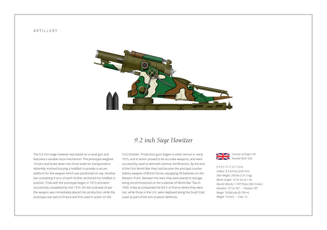 9.2 inch Siege Howitzer The 9.2 inch siege howitzer was based on a naval gun and featured a variable recoil mechanism. The prototype weighed 14 tons and broke down into three loads for transportation. Assembly involved burying a holdfast to provide a secure platform for the weapon which was positioned on top. Another box containing 9 tons of earth further anchored the holdfast in position. Trials with the prototype began in 1913 and were successfully completed by mid 1914. On the outbreak of war the weapon was immediately placed into production, while the prototype was sent to France and first used in action on the    S P E C I F I C A T I O N :  Calibre: 9.3 inches (233 mm) Shell Weight: 290 lbs (131.5 kg) Barrel Length: 121½ ins (3.1 m) Muzzle Velocity: 1,187 ft/sec (362 m/sec) Elevation: 15° to 55°  •  Traverse: 30° Range: 10,060 yds (9,199 m) Weight: 14 tons  •  Crew: 12 31st October. Production guns began to enter service in  early 1915, and in action proved to be accurate weapons, and were successfully used to demolish German fortifications. By the end of the First World War they had become the principal counter-battery weapon of British forces, equipping 39 batteries on the Western Front. Between the wars they were placed in storage, being recommissioned on the outbreak of World War Two in 1939. A few accompanied the B.E.F. in France where they were lost, while those in the U.K. were deployed along the South East coast as part of the anti-invasion defences. Country of Origin: UK Number Built: 632    A R T I L L E R Y