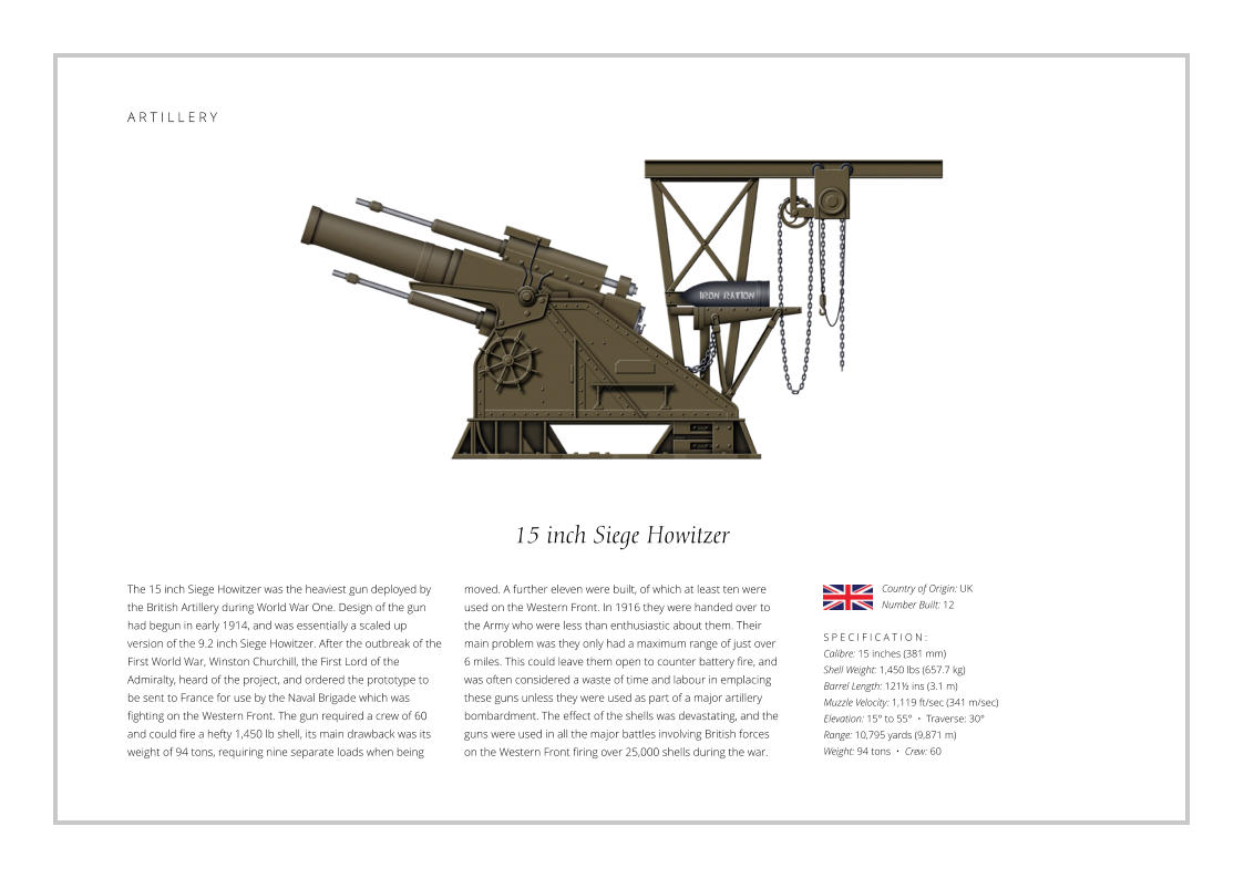 15 inch Siege Howitzer The 15 inch Siege Howitzer was the heaviest gun deployed by the British Artillery during World War One. Design of the gun had begun in early 1914, and was essentially a scaled up version of the 9.2 inch Siege Howitzer. After the outbreak of the First World War, Winston Churchill, the First Lord of the Admiralty, heard of the project, and ordered the prototype to be sent to France for use by the Naval Brigade which was fighting on the Western Front. The gun required a crew of 60 and could fire a hefty 1,450 lb shell, its main drawback was its weight of 94 tons, requiring nine separate loads when being    S P E C I F I C A T I O N : Calibre: 15 inches (381 mm) Shell Weight: 1,450 lbs (657.7 kg) Barrel Length: 121½ ins (3.1 m) Muzzle Velocity: 1,119 ft/sec (341 m/sec) Elevation: 15° to 55°  •  Traverse: 30° Range: 10,795 yards (9,871 m) Weight: 94 tons  •  Crew: 60 moved. A further eleven were built, of which at least ten were used on the Western Front. In 1916 they were handed over to the Army who were less than enthusiastic about them. Their main problem was they only had a maximum range of just over 6 miles. This could leave them open to counter battery fire, and was often considered a waste of time and labour in emplacing these guns unless they were used as part of a major artillery bombardment. The effect of the shells was devastating, and the guns were used in all the major battles involving British forces on the Western Front firing over 25,000 shells during the war. Country of Origin: UK Number Built: 12    A R T I L L E R Y