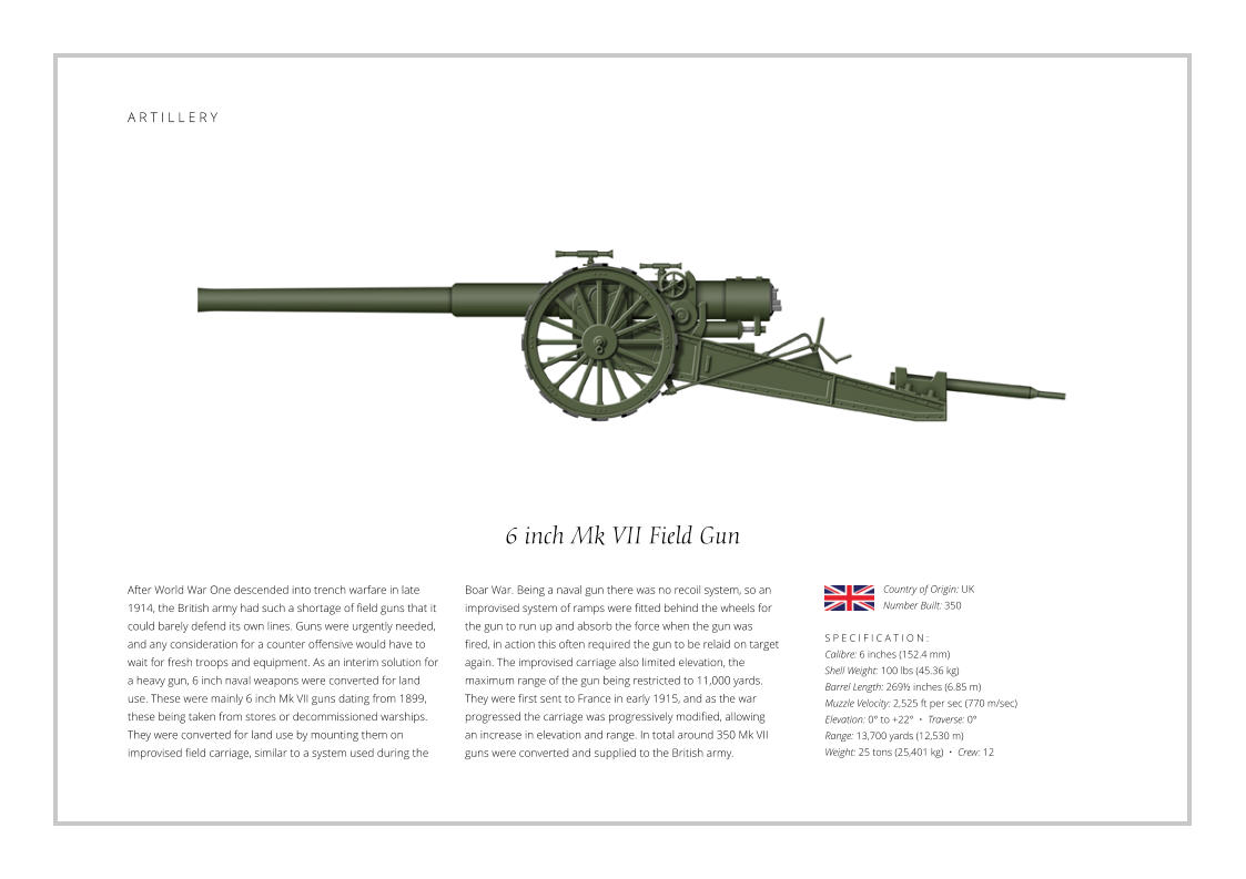 6 inch Mk VII Field Gun After World War One descended into trench warfare in late 1914, the British army had such a shortage of field guns that it could barely defend its own lines. Guns were urgently needed, and any consideration for a counter offensive would have to wait for fresh troops and equipment. As an interim solution for a heavy gun, 6 inch naval weapons were converted for land use. These were mainly 6 inch Mk VII guns dating from 1899, these being taken from stores or decommissioned warships. They were converted for land use by mounting them on improvised field carriage, similar to a system used during the    S P E C I F I C A T I O N :  Calibre: 6 inches (152.4 mm) Shell Weight: 100 lbs (45.36 kg) Barrel Length: 269½ inches (6.85 m) Muzzle Velocity: 2,525 ft per sec (770 m/sec) Elevation: 0° to +22°  •  Traverse: 0° Range: 13,700 yards (12,530 m) Weight: 25 tons (25,401 kg)  •  Crew: 12 Boar War. Being a naval gun there was no recoil system, so an improvised system of ramps were fitted behind the wheels for the gun to run up and absorb the force when the gun was fired, in action this often required the gun to be relaid on target again. The improvised carriage also limited elevation, the maximum range of the gun being restricted to 11,000 yards. They were first sent to France in early 1915, and as the war progressed the carriage was progressively modified, allowing an increase in elevation and range. In total around 350 Mk VII guns were converted and supplied to the British army. Country of Origin: UK Number Built: 350    A R T I L L E R Y