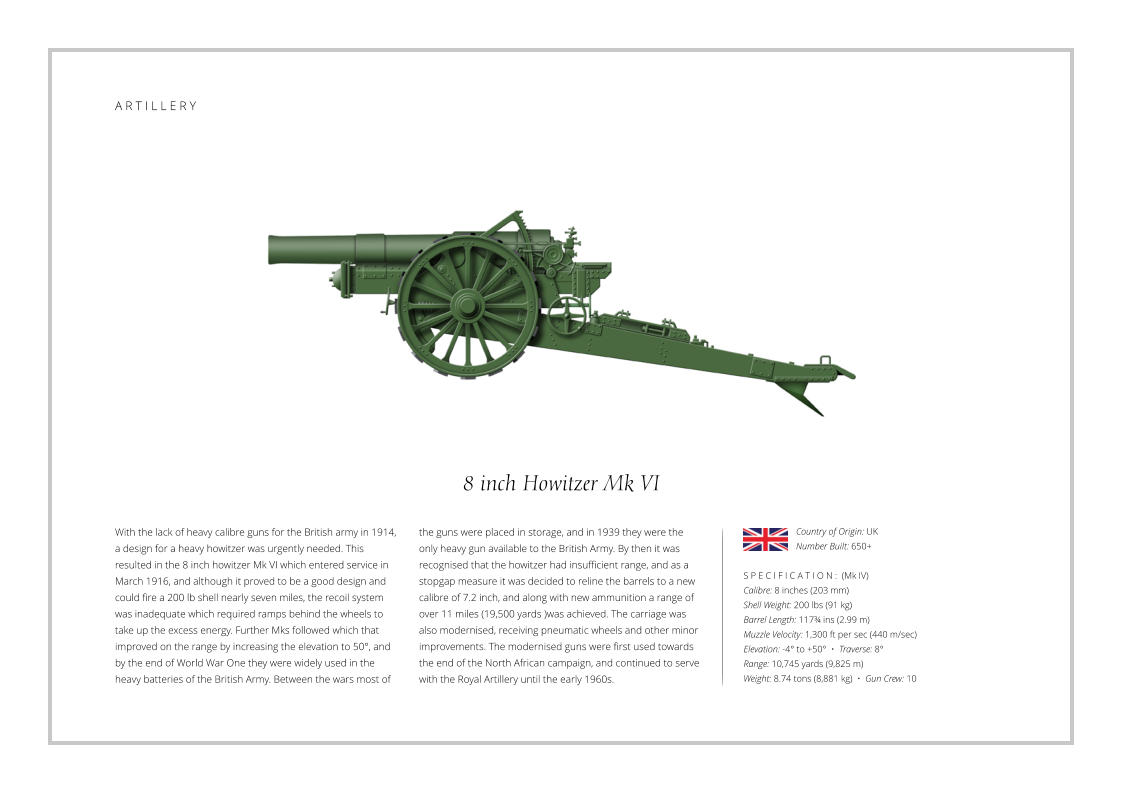 8 inch Howitzer Mk VI With the lack of heavy calibre guns for the British army in 1914, a design for a heavy howitzer was urgently needed. This resulted in the 8 inch howitzer Mk VI which entered service in March 1916, and although it proved to be a good design and could fire a 200 lb shell nearly seven miles, the recoil system was inadequate which required ramps behind the wheels to take up the excess energy. Further Mks followed which that improved on the range by increasing the elevation to 50°, and by the end of World War One they were widely used in the heavy batteries of the British Army. Between the wars most of    S P E C I F I C A T I O N :  (Mk IV) Calibre: 8 inches (203 mm) Shell Weight: 200 lbs (91 kg) Barrel Length: 117¾ ins (2.99 m) Muzzle Velocity: 1,300 ft per sec (440 m/sec) Elevation: -4° to +50°  •  Traverse: 8° Range: 10,745 yards (9,825 m) Weight: 8.74 tons (8,881 kg)  •  Gun Crew: 10 the guns were placed in storage, and in 1939 they were the only heavy gun available to the British Army. By then it was recognised that the howitzer had insufficient range, and as a stopgap measure it was decided to reline the barrels to a new calibre of 7.2 inch, and along with new ammunition a range of over 11 miles (19,500 yards )was achieved. The carriage was also modernised, receiving pneumatic wheels and other minor improvements. The modernised guns were first used towards the end of the North African campaign, and continued to serve with the Royal Artillery until the early 1960s. Country of Origin: UK Number Built: 650+    A R T I L L E R Y