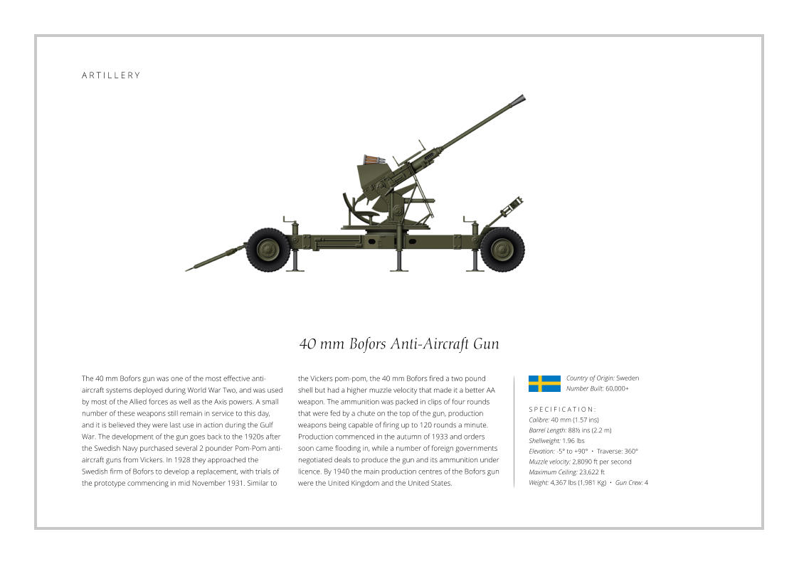 40 mm Bofors Anti-Aircraft Gun The 40 mm Bofors gun was one of the most effective anti-aircraft systems deployed during World War Two, and was used by most of the Allied forces as well as the Axis powers. A small number of these weapons still remain in service to this day, and it is believed they were last use in action during the Gulf War. The development of the gun goes back to the 1920s after the Swedish Navy purchased several 2 pounder Pom-Pom anti-aircraft guns from Vickers. In 1928 they approached the Swedish firm of Bofors to develop a replacement, with trials of the prototype commencing in mid November 1931. Similar to    S P E C I F I C A T I O N : Calibre: 40 mm (1.57 ins) Barrel Length: 88½ ins (2.2 m) Shellweight: 1.96 lbs Elevation: -5° to +90°  •  Traverse: 360° Muzzle velocity: 2,8090 ft per second Maximum Ceiling: 23,622 ft Weight: 4,367 lbs (1,981 Kg)  •  Gun Crew: 4 the Vickers pom-pom, the 40 mm Bofors fired a two pound shell but had a higher muzzle velocity that made it a better AA weapon. The ammunition was packed in clips of four rounds that were fed by a chute on the top of the gun, production weapons being capable of firing up to 120 rounds a minute. Production commenced in the autumn of 1933 and orders soon came flooding in, while a number of foreign governments negotiated deals to produce the gun and its ammunition under licence. By 1940 the main production centres of the Bofors gun were the United Kingdom and the United States. Country of Origin: Sweden Number Built: 60,000+    A R T I L L E R Y
