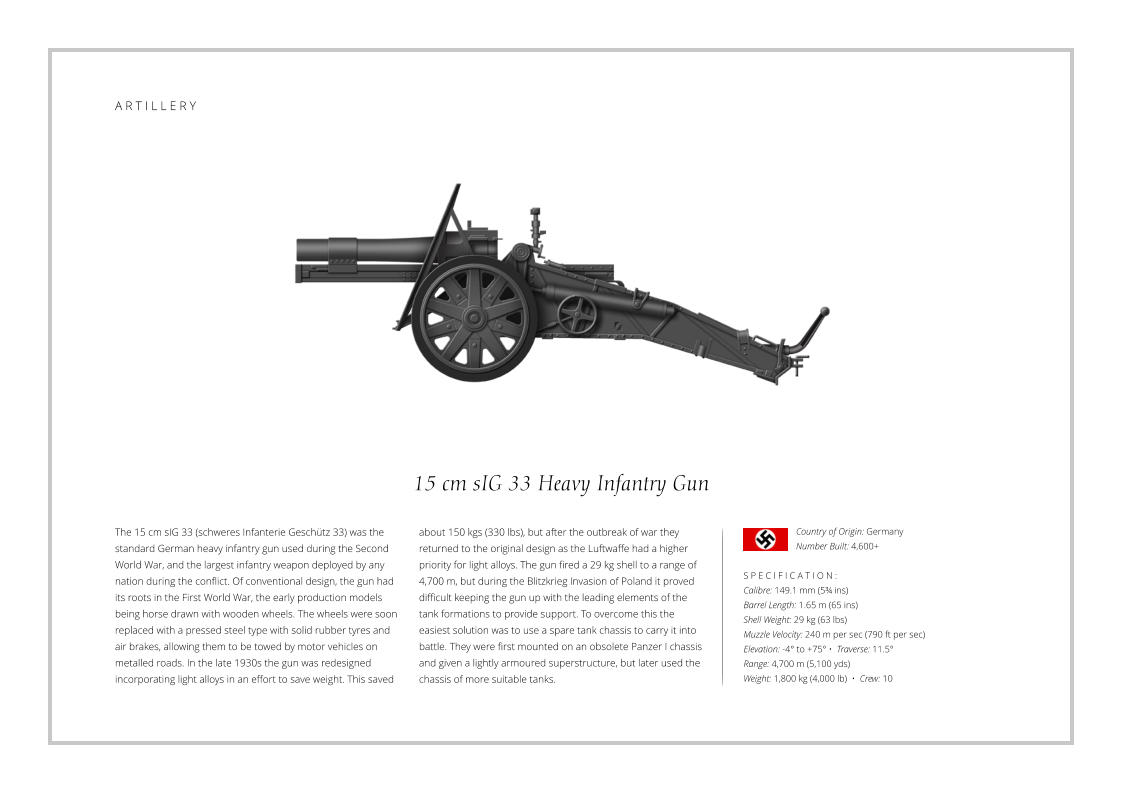 15 cm sIG 33 Heavy Infantry Gun The 15 cm sIG 33 (schweres Infanterie Geschütz 33) was the standard German heavy infantry gun used during the Second World War, and the largest infantry weapon deployed by any nation during the conflict. Of conventional design, the gun had its roots in the First World War, the early production models being horse drawn with wooden wheels. The wheels were soon replaced with a pressed steel type with solid rubber tyres and air brakes, allowing them to be towed by motor vehicles on metalled roads. In the late 1930s the gun was redesigned incorporating light alloys in an effort to save weight. This saved    S P E C I F I C A T I O N : Calibre: 149.1 mm (5¾ ins) Barrel Length: 1.65 m (65 ins)  Shell Weight: 29 kg (63 lbs)  Muzzle Velocity: 240 m per sec (790 ft per sec) Elevation: -4° to +75° •  Traverse: 11.5°    Range: 4,700 m (5,100 yds) Weight: 1,800 kg (4,000 lb)  •  Crew: 10 about 150 kgs (330 lbs), but after the outbreak of war they returned to the original design as the Luftwaffe had a higher priority for light alloys. The gun fired a 29 kg shell to a range of 4,700 m, but during the Blitzkrieg Invasion of Poland it proved difficult keeping the gun up with the leading elements of the tank formations to provide support. To overcome this the easiest solution was to use a spare tank chassis to carry it into battle. They were first mounted on an obsolete Panzer I chassis and given a lightly armoured superstructure, but later used the chassis of more suitable tanks. Country of Origin: Germany Number Built: 4,600+    A R T I L L E R Y