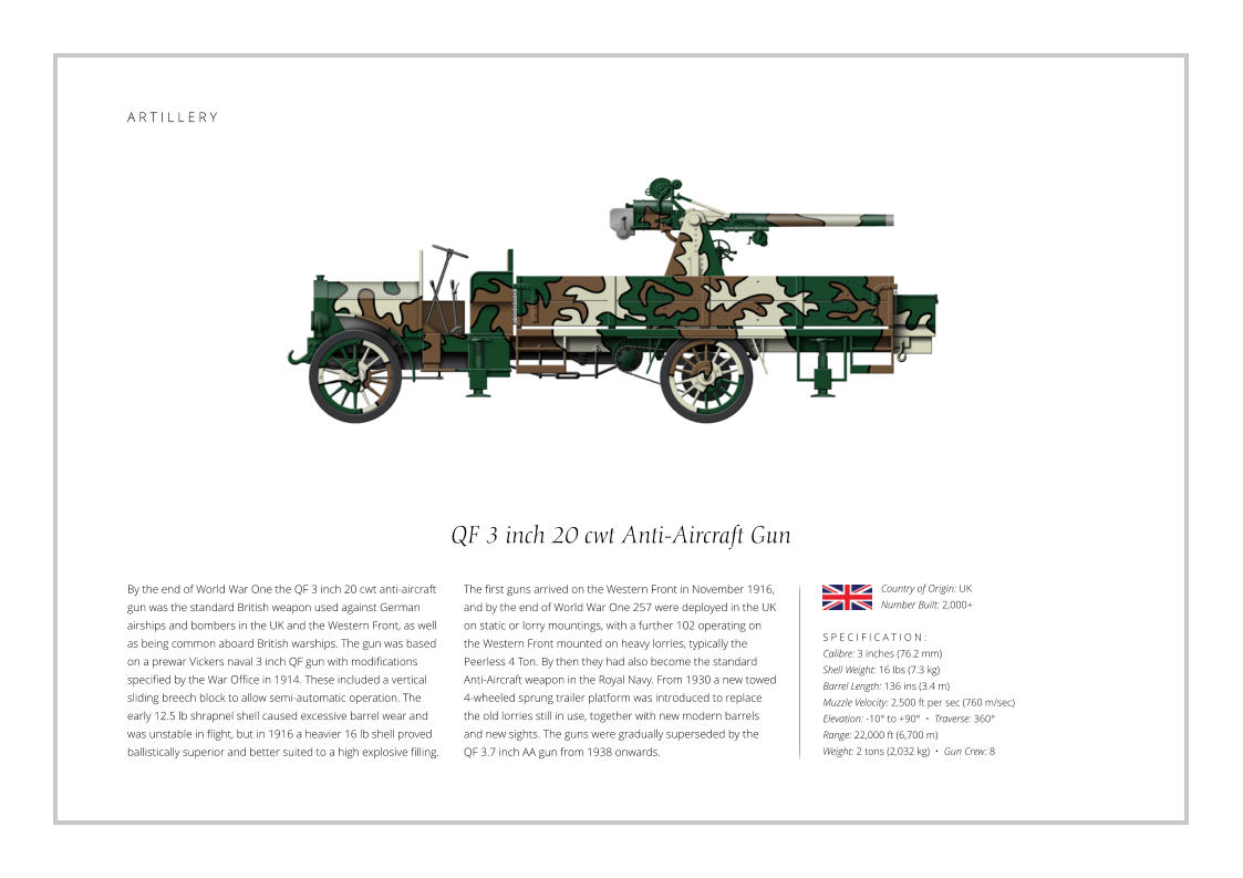 A R T I L L E R Y QF 3 inch 20 cwt Anti-Aircraft Gun By the end of World War One the QF 3 inch 20 cwt anti-aircraft gun was the standard British weapon used against German airships and bombers in the UK and the Western Front, as well as being common aboard British warships. The gun was based on a prewar Vickers naval 3 inch QF gun with modifications specified by the War Office in 1914. These included a vertical sliding breech block to allow semi-automatic operation. The early 12.5 lb shrapnel shell caused excessive barrel wear and was unstable in flight, but in 1916 a heavier 16 lb shell proved ballistically superior and better suited to a high explosive filling.    S P E C I F I C A T I O N : Calibre: 3 inches (76.2 mm) Shell Weight: 16 lbs (7.3 kg) Barrel Length: 136 ins (3.4 m) Muzzle Velocity: 2,500 ft per sec (760 m/sec) Elevation: -10° to +90°  •  Traverse: 360° Range: 22,000 ft (6,700 m) Weight: 2 tons (2,032 kg)  •  Gun Crew: 8 The first guns arrived on the Western Front in November 1916, and by the end of World War One 257 were deployed in the UK  on static or lorry mountings, with a further 102 operating on the Western Front mounted on heavy lorries, typically the Peerless 4 Ton. By then they had also become the standard Anti-Aircraft weapon in the Royal Navy. From 1930 a new towed 4-wheeled sprung trailer platform was introduced to replace the old lorries still in use, together with new modern barrels and new sights. The guns were gradually superseded by the  QF 3.7 inch AA gun from 1938 onwards. Country of Origin: UK Number Built: 2,000+