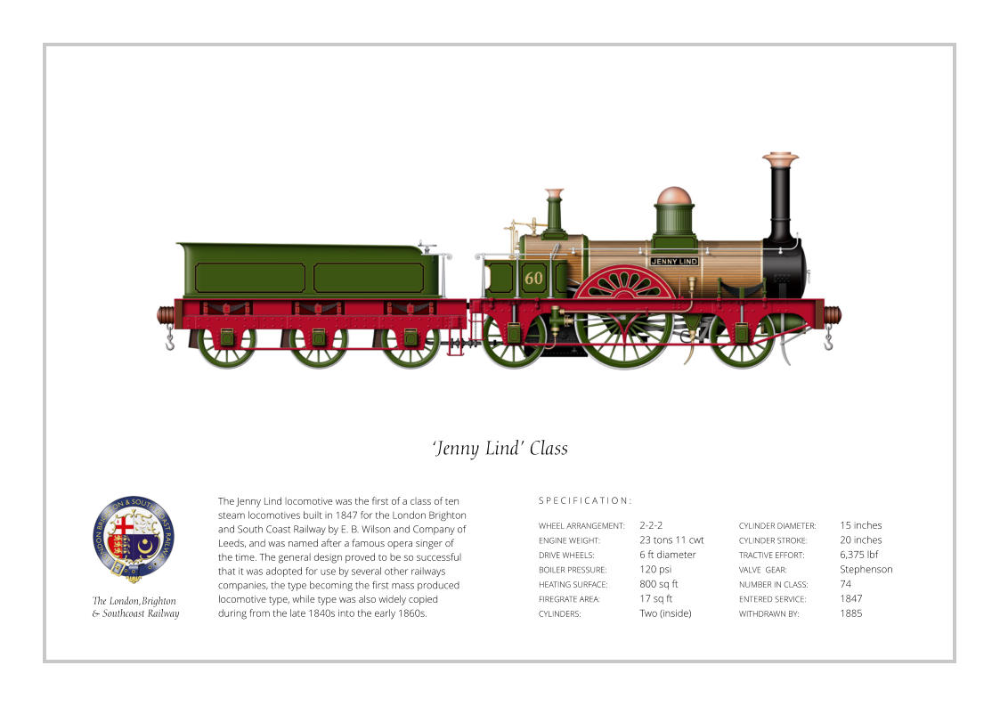 The Jenny Lind locomotive was the first of a class of ten steam locomotives built in 1847 for the London Brighton and South Coast Railway by E. B. Wilson and Company of Leeds, and was named after a famous opera singer of the time. The general design proved to be so successful that it was adopted for use by several other railways companies, the type becoming the first mass produced locomotive type, while type was also widely copied during from the late 1840s into the early 1860s.  WHEEL ARRANGEMENT:	2-2-2    ENGINE WEIGHT:		23 tons 11 cwt DRIVE WHEELS:		6 ft diameter BOILER PRESSURE:	120 psi HEATING SURFACE:	800 sq ft FIREGRATE AREA:		17 sq ft CYLINDERS:		Two (inside) CYLINDER DIAMETER:  	15 inches CYLINDER STROKE: 	20 inches TRACTIVE EFFORT:		6,375 lbf VALVE  GEAR:		Stephenson NUMBER IN CLASS: 	74 ENTERED SERVICE:   	1847 WITHDRAWN BY:   		1885 S P E C I F I C A T I O N : ‘Jenny Lind’ Class The London,Brighton  & Southcoast Railway