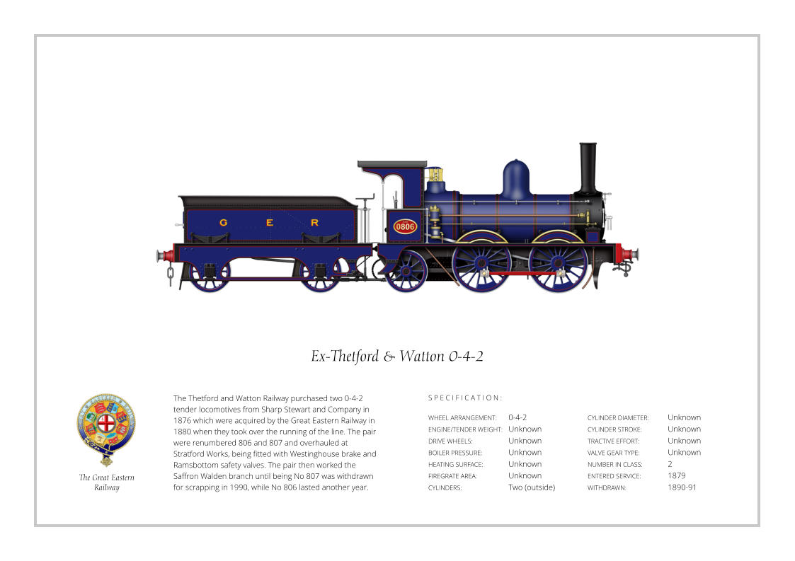 The Thetford and Watton Railway purchased two 0-4-2 tender locomotives from Sharp Stewart and Company in 1876 which were acquired by the Great Eastern Railway in 1880 when they took over the running of the line. The pair were renumbered 806 and 807 and overhauled at Stratford Works, being fitted with Westinghouse brake and Ramsbottom safety valves. The pair then worked the Saffron Walden branch until being No 807 was withdrawn for scrapping in 1990, while No 806 lasted another year. WHEEL ARRANGEMENT:	0-4-2   ENGINE/TENDER WEIGHT:	Unknown DRIVE WHEELS:		Unknown BOILER PRESSURE:	Unknown HEATING SURFACE:	Unknown FIREGRATE AREA:		Unknown CYLINDERS:		Two (outside) CYLINDER DIAMETER:  	Unknown CYLINDER STROKE:	Unknown TRACTIVE EFFORT: 	Unknown VALVE GEAR TYPE:		Unknown NUMBER IN CLASS:   	2 ENTERED SERVICE:   	1879 WITHDRAWN:   		1890-91 S P E C I F I C A T I O N :  Ex-Thetford & Watton 0-4-2 The Great Eastern  Railway