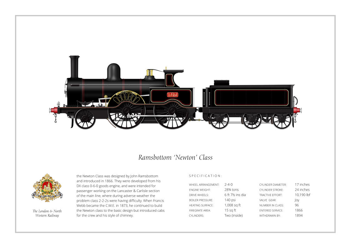 the Newton Class was designed by John Ramsbottom and introduced in 1866. They were developed from his DX class 0-6-0 goods engine, and were intended for passenger working on the Lancaster & Carlisle section  of the main line, where during adverse weather the problem class 2-2-2s were having difficulty. When Francis Webb became the C.M.E. in 1873, he continued to build the Newton class to the basic design but introduced cabs for the crew and his style of chimney. WHEEL ARRANGEMENT:	2-4-0 ENGINE WEIGHT:		28¾ tons DRIVE WHEELS:		6 ft 7½ ins dia BOILER PRESSURE:	140 psi HEATING SURFACE:	1,008 sq ft FIREGRATE AREA:		15 sq ft CYLINDERS:		Two (inside) CYLINDER DIAMETER:  	17 inches CYLINDER STROKE: 	24 inches TRACTIVE EFFORT:		10,190 lbf VALVE  GEAR:		Joy NUMBER IN CLASS:  	96 ENTERED SERVICE:   	1866 WITHDRAWN BY:   		1894 S P E C I F I C A T I O N : Ramsbottom ‘Newton’ Class The London & North  Western Railway