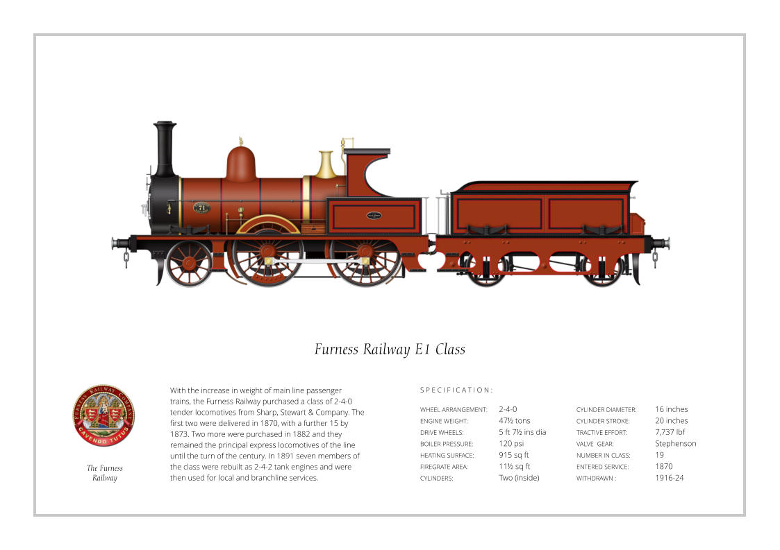 With the increase in weight of main line passenger trains, the Furness Railway purchased a class of 2-4-0 tender locomotives from Sharp, Stewart & Company. The first two were delivered in 1870, with a further 15 by 1873. Two more were purchased in 1882 and they remained the principal express locomotives of the line until the turn of the century. In 1891 seven members of the class were rebuilt as 2-4-2 tank engines and were then used for local and branchline services. WHEEL ARRANGEMENT:	2-4-0    ENGINE WEIGHT:		47½ tons DRIVE WHEELS:		5 ft 7½ ins dia BOILER PRESSURE:	120 psi HEATING SURFACE:	915 sq ft FIREGRATE AREA:		11½ sq ft CYLINDERS:		Two (inside) CYLINDER DIAMETER:  	16 inches CYLINDER STROKE: 	20 inches TRACTIVE EFFORT:		7,737 lbf VALVE  GEAR:		Stephenson NUMBER IN CLASS:  	19 ENTERED SERVICE:   	1870 WITHDRAWN :   		1916-24 S P E C I F I C A T I O N : Furness Railway E1 Class The Furness Railway