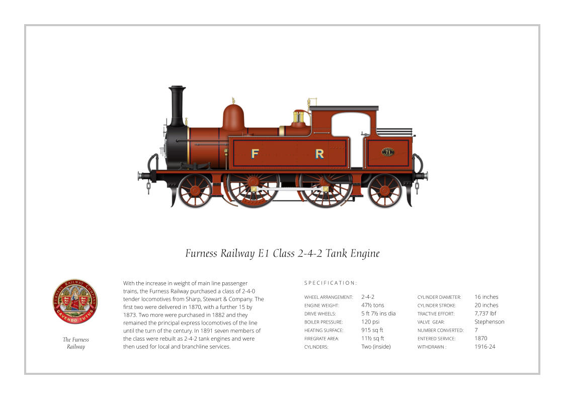 With the increase in weight of main line passenger trains, the Furness Railway purchased a class of 2-4-0 tender locomotives from Sharp, Stewart & Company. The first two were delivered in 1870, with a further 15 by 1873. Two more were purchased in 1882 and they remained the principal express locomotives of the line until the turn of the century. In 1891 seven members of the class were rebuilt as 2-4-2 tank engines and were then used for local and branchline services. WHEEL ARRANGEMENT:	2-4-2   ENGINE WEIGHT:		47½ tons DRIVE WHEELS:		5 ft 7½ ins dia BOILER PRESSURE:	120 psi HEATING SURFACE:	915 sq ft FIREGRATE AREA:		11½ sq ft CYLINDERS:		Two (inside) CYLINDER DIAMETER:  	16 inches CYLINDER STROKE: 	20 inches TRACTIVE EFFORT:		7,737 lbf VALVE  GEAR:		Stephenson NUMBER CONVERTED:  	7 ENTERED SERVICE:   	1870 WITHDRAWN :   		1916-24 S P E C I F I C A T I O N : Furness Railway E1 Class 2-4-2 Tank Engine The Furness Railway