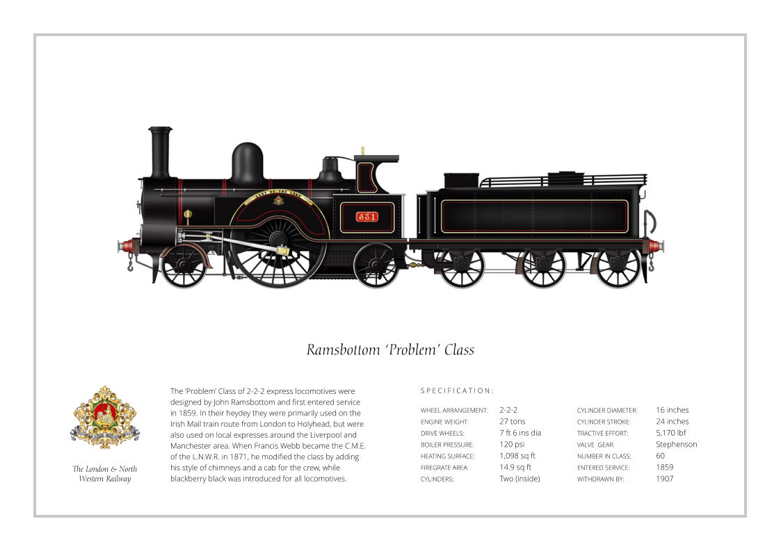 The ‘Problem’ Class of 2-2-2 express locomotives were designed by John Ramsbottom and first entered service in 1859. In their heydey they were primarily used on the Irish Mail train route from London to Holyhead, but were also used on local expresses around the Liverpool and Manchester area. When Francis Webb became the C.M.E. of the L.N.W.R. in 1871, he modified the class by adding his style of chimneys and a cab for the crew, while blackberry black was introduced for all locomotives. WHEEL ARRANGEMENT:	2-2-2    ENGINE WEIGHT:		27 tons DRIVE WHEELS:		7 ft 6 ins dia BOILER PRESSURE:	120 psi HEATING SURFACE:	1,098 sq ft FIREGRATE AREA:		14.9 sq ft CYLINDERS:		Two (inside) CYLINDER DIAMETER:  	16 inches CYLINDER STROKE: 	24 inches TRACTIVE EFFORT:		5,170 lbf VALVE  GEAR:		Stephenson NUMBER IN CLASS:  	60 ENTERED SERVICE:   	1859 WITHDRAWN BY:   		1907 S P E C I F I C A T I O N : Ramsbottom ‘Problem’ Class The London & North  Western Railway