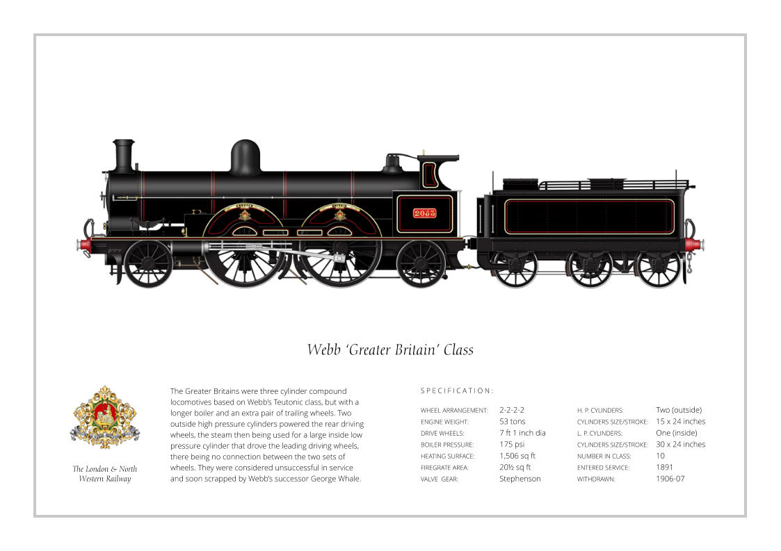 The Greater Britains were three cylinder compound locomotives based on Webb’s Teutonic class, but with a longer boiler and an extra pair of trailing wheels. Two outside high pressure cylinders powered the rear driving wheels, the steam then being used for a large inside low pressure cylinder that drove the leading driving wheels, there being no connection between the two sets of wheels. They were considered unsuccessful in service and soon scrapped by Webb’s successor George Whale. WHEEL ARRANGEMENT:	2-2-2-2   ENGINE WEIGHT:		53 tons DRIVE WHEELS:		7 ft 1 inch dia BOILER PRESSURE:	175 psi HEATING SURFACE:	1,506 sq ft FIREGRATE AREA:		20½ sq ft VALVE  GEAR:		Stephenson H. P. CYLINDERS:		Two (outside) CYLINDERS SIZE/STROKE:	15 x 24 inches L. P. CYLINDERS:		One (inside) CYLINDERS SIZE/STROKE:	30 x 24 inches NUMBER IN CLASS: 	10 ENTERED SERVICE:   	1891 WITHDRAWN:   		1906-07 S P E C I F I C A T I O N : Webb ‘Greater Britain’ Class The London & North  Western Railway