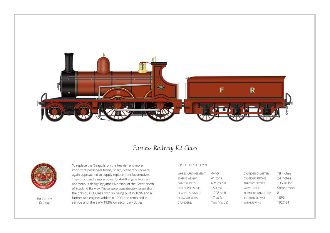 To replace the ‘Seagulls’ on the heavier and more important passenger trains, Sharp, Stewart & Co were again approached to supply replacement locomotives. They proposed a more powerful 4-4-0 engine from an anonymous design by James Manson, of the Great North of Scotland Railway. These were considerably larger than the previous K1 Class, with six being built in 1896 and a further two engines added in 1900, and remained in service until the early 1930s on secondary duties. WHEEL ARRANGEMENT:	4-4-0  ENGINE WEIGHT:		41 tons DRIVE WHEELS:		6 ft ins dia BOILER PRESSURE:	150 psi HEATING SURFACE:	1,208 sq ft FIREGRATE AREA:		17 sq ft CYLINDERS:		Two (inside) CYLINDER DIAMETER:  	18 inches CYLINDER STROKE: 	24 inches TRACTIVE EFFORT:		13,770 lbf VALVE  GEAR:		Stephenson NUMBER CONVERTED:  	8 ENTERED SERVICE:   	1896 WITHDRAWN :   		1927-31 S P E C I F I C A T I O N : Furness Railway K2 Class The Furness Railway