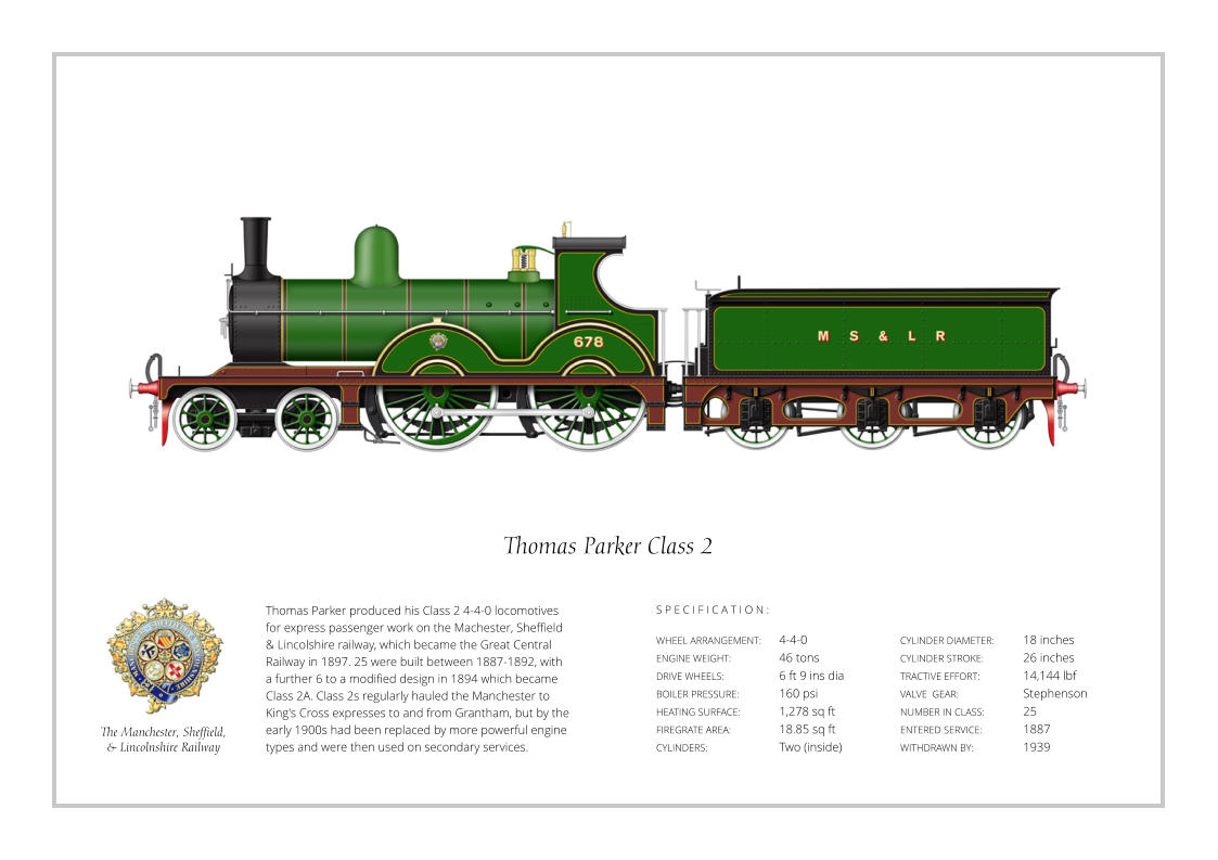 Thomas Parker produced his Class 2 4-4-0 locomotives for express passenger work on the Machester, Sheffield & Lincolshire railway, which became the Great Central Railway in 1897. 25 were built between 1887-1892, with a further 6 to a modified design in 1894 which became Class 2A. Class 2s regularly hauled the Manchester to King's Cross expresses to and from Grantham, but by the early 1900s had been replaced by more powerful engine types and were then used on secondary services. WHEEL ARRANGEMENT:	4-4-0    ENGINE WEIGHT:		46 tons DRIVE WHEELS:		6 ft 9 ins dia BOILER PRESSURE:	160 psi HEATING SURFACE:	1,278 sq ft FIREGRATE AREA:		18.85 sq ft CYLINDERS:		Two (inside) CYLINDER DIAMETER:  	18 inches CYLINDER STROKE: 	26 inches TRACTIVE EFFORT:		14,144 lbf VALVE  GEAR:		Stephenson NUMBER IN CLASS: 	25 ENTERED SERVICE:   	1887 WITHDRAWN BY:   		1939 S P E C I F I C A T I O N : Thomas Parker Class 2 The Manchester, Sheffield,  & Lincolnshire Railway