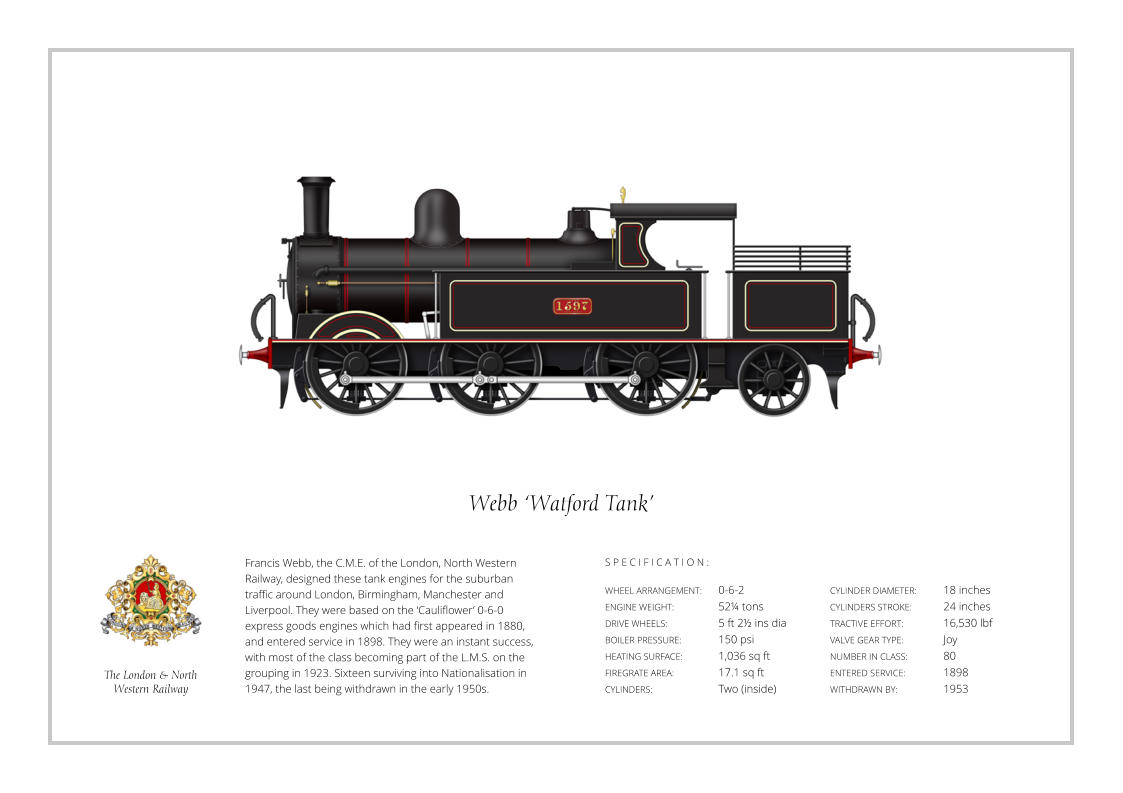 Francis Webb, the C.M.E. of the London, North Western Railway, designed these tank engines for the suburban traffic around London, Birmingham, Manchester and Liverpool. They were based on the ‘Cauliflower’ 0-6-0 express goods engines which had first appeared in 1880, and entered service in 1898. They were an instant success, with most of the class becoming part of the L.M.S. on the grouping in 1923. Sixteen surviving into Nationalisation in 1947, the last being withdrawn in the early 1950s. WHEEL ARRANGEMENT:	0-6-2  ENGINE WEIGHT:		52¼ tons DRIVE WHEELS:		5 ft 2½ ins dia BOILER PRESSURE:	150 psi HEATING SURFACE:	1,036 sq ft FIREGRATE AREA:		17.1 sq ft CYLINDERS:		Two (inside) CYLINDER DIAMETER:	18 inches CYLINDERS STROKE:	24 inches TRACTIVE EFFORT:		16,530 lbf VALVE GEAR TYPE:		Joy NUMBER IN CLASS: 	80 ENTERED SERVICE:   	1898 WITHDRAWN BY:   		1953 S P E C I F I C A T I O N : Webb ‘Watford Tank’ The London & North  Western Railway