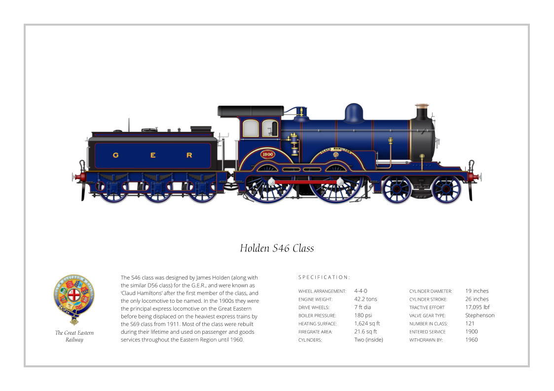 The S46 class was designed by James Holden (along with the similar D56 class) for the G.E.R., and were known as ‘Claud Hamiltons’ after the first member of the class, and the only locomotive to be named. In the 1900s they were the principal express locomotive on the Great Eastern before being displaced on the heaviest express trains by the S69 class from 1911. Most of the class were rebuilt during their lifetime and used on passenger and goods services throughout the Eastern Region until 1960. WHEEL ARRANGEMENT:	4-4-0    ENGINE WEIGHT:		42.2 tons DRIVE WHEELS:		7 ft dia BOILER PRESSURE:	180 psi HEATING SURFACE:	1,624 sq ft FIREGRATE AREA:		21.6 sq ft CYLINDERS:		Two (inside) CYLINDER DIAMETER:   	19 inches CYLINDER STROKE: 	26 inches TRACTIVE EFFORT 		17,095 lbf VALVE GEAR TYPE:		Stephenson NUMBER IN CLASS:    	121 ENTERED SERVICE   	1900 WITHDRAWN BY:   		1960 S P E C I F I C A T I O N :  Holden S46 Class The Great Eastern  Railway
