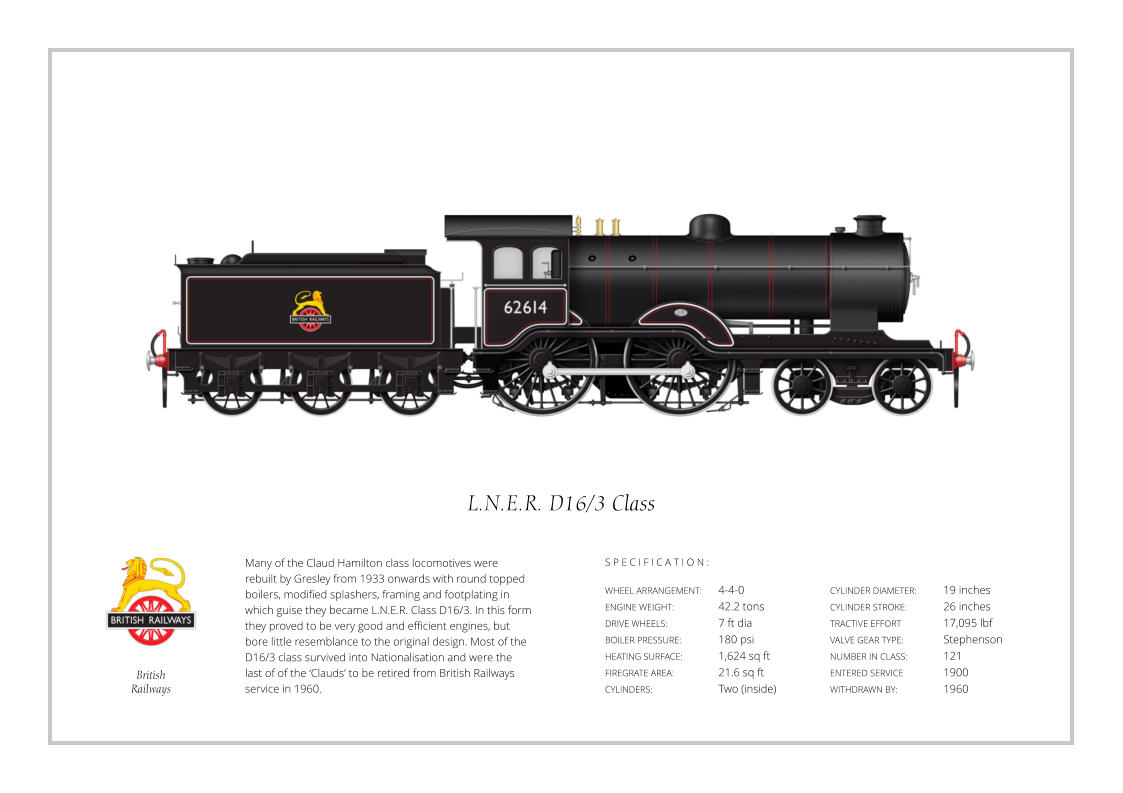 Many of the Claud Hamilton class locomotives were rebuilt by Gresley from 1933 onwards with round topped boilers, modified splashers, framing and footplating in which guise they became L.N.E.R. Class D16/3. In this form they proved to be very good and efficient engines, but bore little resemblance to the original design. Most of the D16/3 class survived into Nationalisation and were the last of of the ‘Clauds’ to be retired from British Railways service in 1960. WHEEL ARRANGEMENT:	4-4-0    ENGINE WEIGHT:		42.2 tons DRIVE WHEELS:		7 ft dia BOILER PRESSURE:	180 psi HEATING SURFACE:	1,624 sq ft FIREGRATE AREA:		21.6 sq ft CYLINDERS:		Two (inside) CYLINDER DIAMETER:   	19 inches CYLINDER STROKE: 	26 inches TRACTIVE EFFORT 		17,095 lbf VALVE GEAR TYPE:		Stephenson NUMBER IN CLASS:    	121 ENTERED SERVICE   	1900 WITHDRAWN BY:   		1960 S P E C I F I C A T I O N :  L.N.E.R. D16/3 Class British Railways