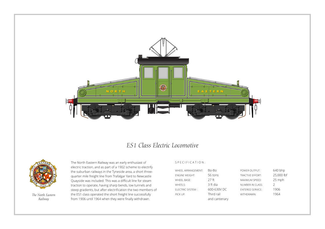 S P E C I F I C A T I O N : The North Eastern Railway was an early enthusiast of electric traction, and as part of a 1902 scheme to electrify the suburban railways in the Tyneside area, a short three-quarter mile freight line from Trafalgar Yard to Newcastle Quayside was included. This was a difficult line for steam traction to operate, having sharp bends, low tunnels and steep gradients, but after electrification the two members of the ES1 class operated the short freight line successfully from 1906 until 1964 when they were finally withdrawn. WHEEL ARRANGEMENT:	Bo-Bo ENGINE WEIGHT:		56 tons WHEEL BASE:		27 ft WHEELS:			3 ft dia ELECTRIC SYSTEM	:	600-630V DC PICK UP:			Third rail				and cantenary POWER OUTPUT:		640 bhp TRACTIVE EFFORT:		25,000 lbf MAXIMUM SPEED:		25 mph NUMBER IN CLASS: 	2 ENTERED SERVICE:   	1906 WITHDRAWN:   		1964 S P E C I F I C A T I O N : ES1 Class Electric Locomotive The North Eastern Railway