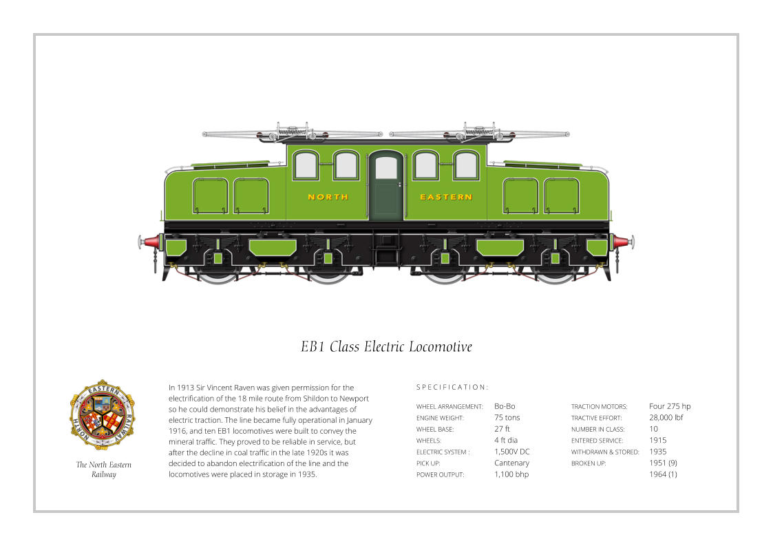 S P E C I F I C A T I O N : In 1913 Sir Vincent Raven was given permission for the electrification of the 18 mile route from Shildon to Newport so he could demonstrate his belief in the advantages of electric traction. The line became fully operational in January 1916, and ten EB1 locomotives were built to convey the mineral traffic. They proved to be reliable in service, but after the decline in coal traffic in the late 1920s it was decided to abandon electrification of the line and the locomotives were placed in storage in 1935. WHEEL ARRANGEMENT:	Bo-Bo ENGINE WEIGHT:		75 tons WHEEL BASE:		27 ft WHEELS:			4 ft dia ELECTRIC SYSTEM	:	1,500V DC PICK UP:			Cantenary POWER OUTPUT:		1,100 bhp TRACTION MOTORS:	Four 275 hp TRACTIVE EFFORT:		28,000 lbf NUMBER IN CLASS: 	10 ENTERED SERVICE:   	1915 WITHDRAWN & STORED:   	1935 BROKEN UP:		1951 (9) 			1964 (1) S P E C I F I C A T I O N : EB1 Class Electric Locomotive The North Eastern Railway