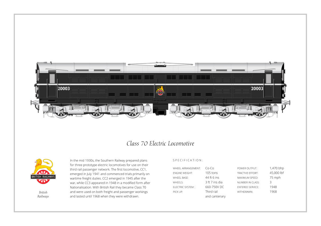 British Railways In the mid 1930s, the Southern Railway prepared plans for three prototype electric locomotives for use on their third rail passenger network. The first locomotive, CC1, emerged in July 1941 and commenced trials primarily on wartime freight duties. CC2 emerged in 1945 after the war, while CC3 appeared in 1948 in a modified form after Nationalisation. With British Rail they became Class 70 and were used on both freight and passenger workings and lasted until 1968 when they were withdrawn. WHEEL ARRANGEMENT:	Co-Co ENGINE WEIGHT:		105 tons WHEEL BASE:		44 ft 6 ins WHEELS:			3 ft 7 ins dia ELECTRIC SYSTEM	:	660-750V DC PICK UP:			Third rail				and cantenary POWER OUTPUT:		1,470 bhp TRACTIVE EFFORT:		45,000 lbf MAXIMUM SPEED:		75 mph NUMBER IN CLASS: 	3 ENTERED SERVICE:   	1948 WITHDRAWN:   		1968 S P E C I F I C A T I O N : Class 70 Electric Locomotive