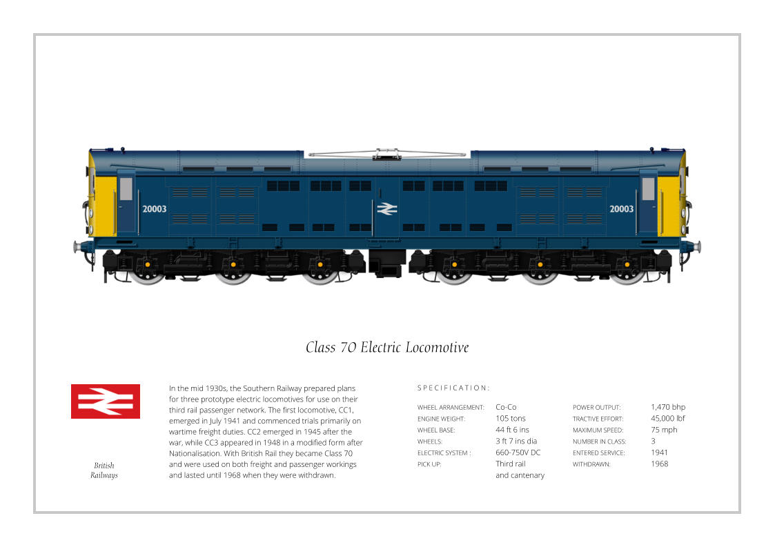 In the mid 1930s, the Southern Railway prepared plans for three prototype electric locomotives for use on their third rail passenger network. The first locomotive, CC1, emerged in July 1941 and commenced trials primarily on wartime freight duties. CC2 emerged in 1945 after the war, while CC3 appeared in 1948 in a modified form after Nationalisation. With British Rail they became Class 70 and were used on both freight and passenger workings and lasted until 1968 when they were withdrawn. WHEEL ARRANGEMENT:	Co-Co ENGINE WEIGHT:		105 tons WHEEL BASE:		44 ft 6 ins WHEELS:			3 ft 7 ins dia ELECTRIC SYSTEM	:	660-750V DC PICK UP:			Third rail				and cantenary POWER OUTPUT:		1,470 bhp TRACTIVE EFFORT:		45,000 lbf MAXIMUM SPEED:		75 mph NUMBER IN CLASS: 	3 ENTERED SERVICE:   	1941 WITHDRAWN:   		1968 S P E C I F I C A T I O N : Class 70 Electric Locomotive British Railways
