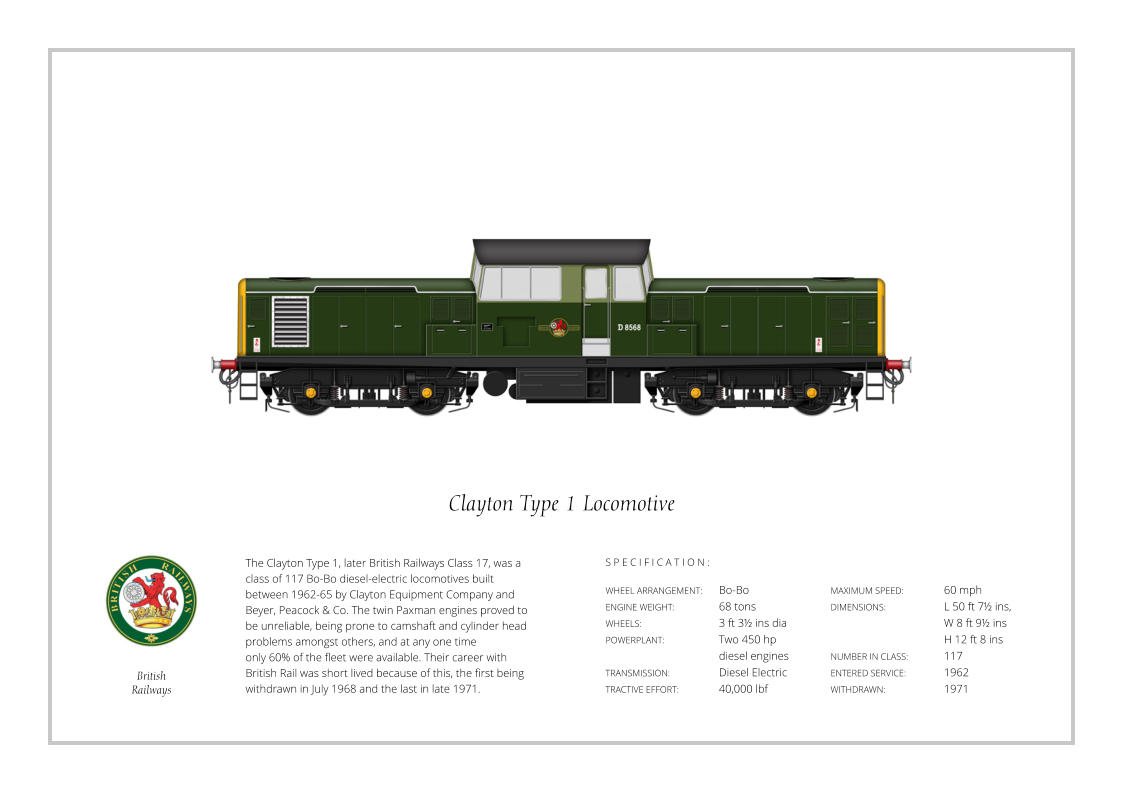 The Clayton Type 1, later British Railways Class 17, was a class of 117 Bo-Bo diesel-electric locomotives built between 1962-65 by Clayton Equipment Company and Beyer, Peacock & Co. The twin Paxman engines proved to be unreliable, being prone to camshaft and cylinder head problems amongst others, and at any one time only 60% of the fleet were available. Their career with British Rail was short lived because of this, the first being withdrawn in July 1968 and the last in late 1971. WHEEL ARRANGEMENT:	Bo-Bo ENGINE WEIGHT:		68 tons WHEELS:			3 ft 3½ ins dia POWERPLANT:		Two 450 hp 				diesel engines TRANSMISSION:		Diesel Electric TRACTIVE EFFORT:		40,000 lbf MAXIMUM SPEED:		60 mph DIMENSIONS: 		L 50 ft 7½ ins, 			W 8 ft 9½ ins  			H 12 ft 8 ins NUMBER IN CLASS:	117 ENTERED SERVICE:   	1962 WITHDRAWN:   		1971 S P E C I F I C A T I O N : Clayton Type 1 Locomotive British Railways