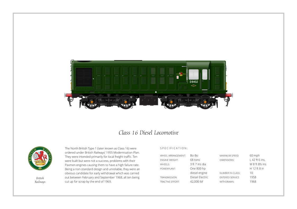 The North British Type 1 (later known as Class 16) were ordered under British Railways' 1955 Modernisation Plan. They were intended primarily for local freight traffic. Ten were built but were not a success, problems with their Paxmen engines causing them to have a high failure rate. Being a non-standard design and unreliable, they were an obvious candidate for early withdrawal which was carried out between February and September 1968, all ten being cut up for scrap by the end of 1969.  WHEEL ARRANGEMENT:	Bo-Bo ENGINE WEIGHT:		68 tons WHEELS:			3 ft 7 ins dia POWERPLANT:		One 800 hp 				diesel engine TRANSMISSION:		Diesel Electric TRACTIVE EFFORT:		42,000 lbf MAXIMUM SPEED:		60 mph DIMENSIONS:		L 42 ft 6 ins, 			W 8 ft 8½ ins  H 12 ft 8 in NUMBER IN CLASS: 	10 ENTERED SERVICE:   	1958 WITHDRAWN:   		1968 S P E C I F I C A T I O N : Class 16 Diesel Locomotive British Railways